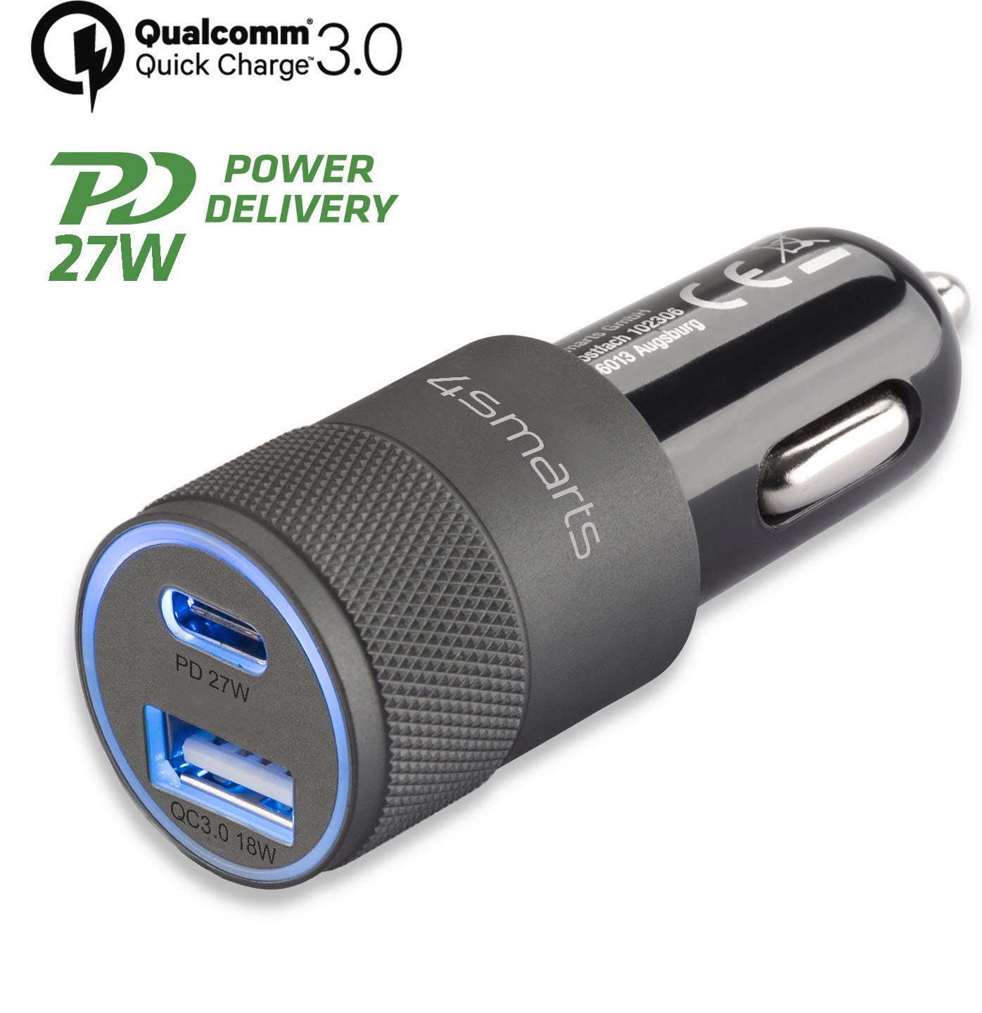 4smarts Kfz-Ladegerät Rapid+ mit Quick Charge und PD 27W USB-Ladegerät