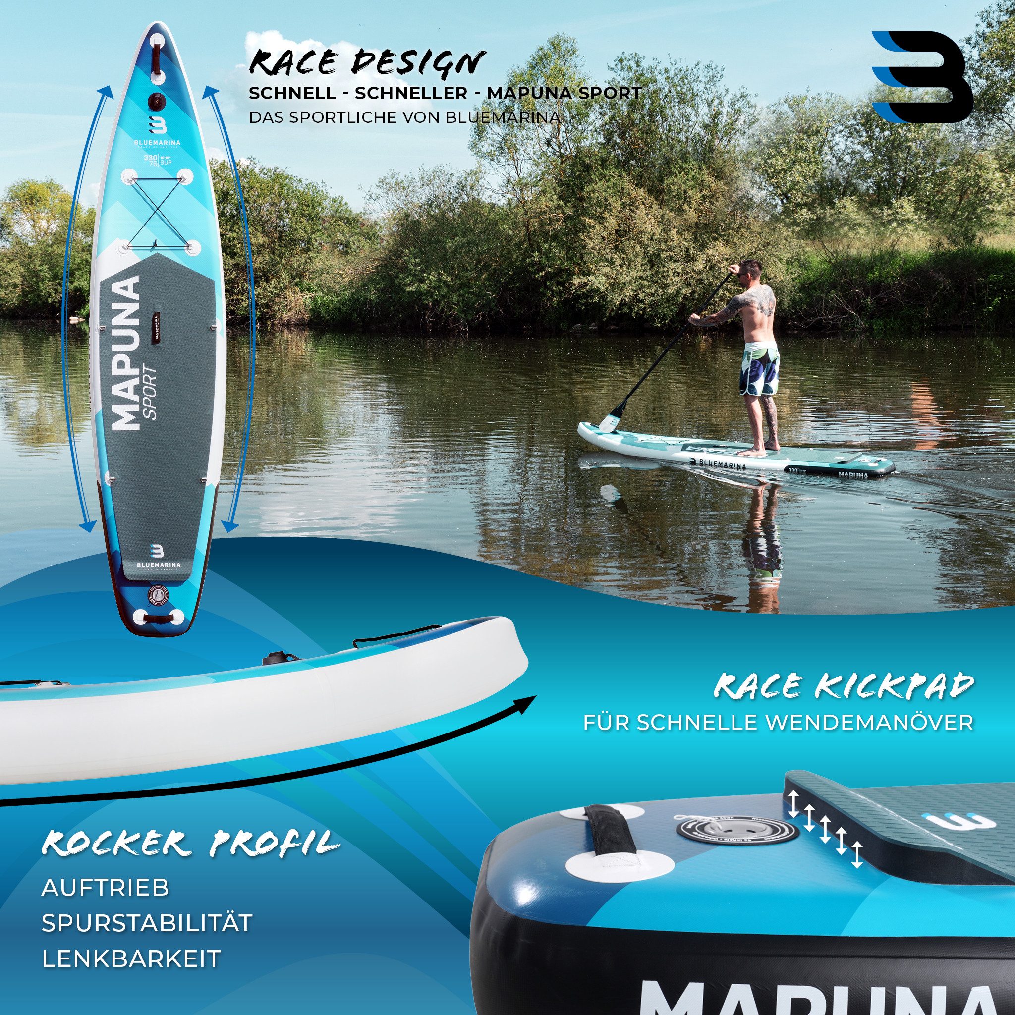Bluemarina SUP-Board Mapuna Standuppaddle aufblasbar inkl. 5 J. Garantie, aufblasbar, (SUP aufblasbar, SUP Anfänger, Stand Up Paddel Board 200 kg, 3 tlg., Stand Up Paddle, SUP Board, Stand Up Paddel Board), Surfbrett, Surfboard aufblasbar