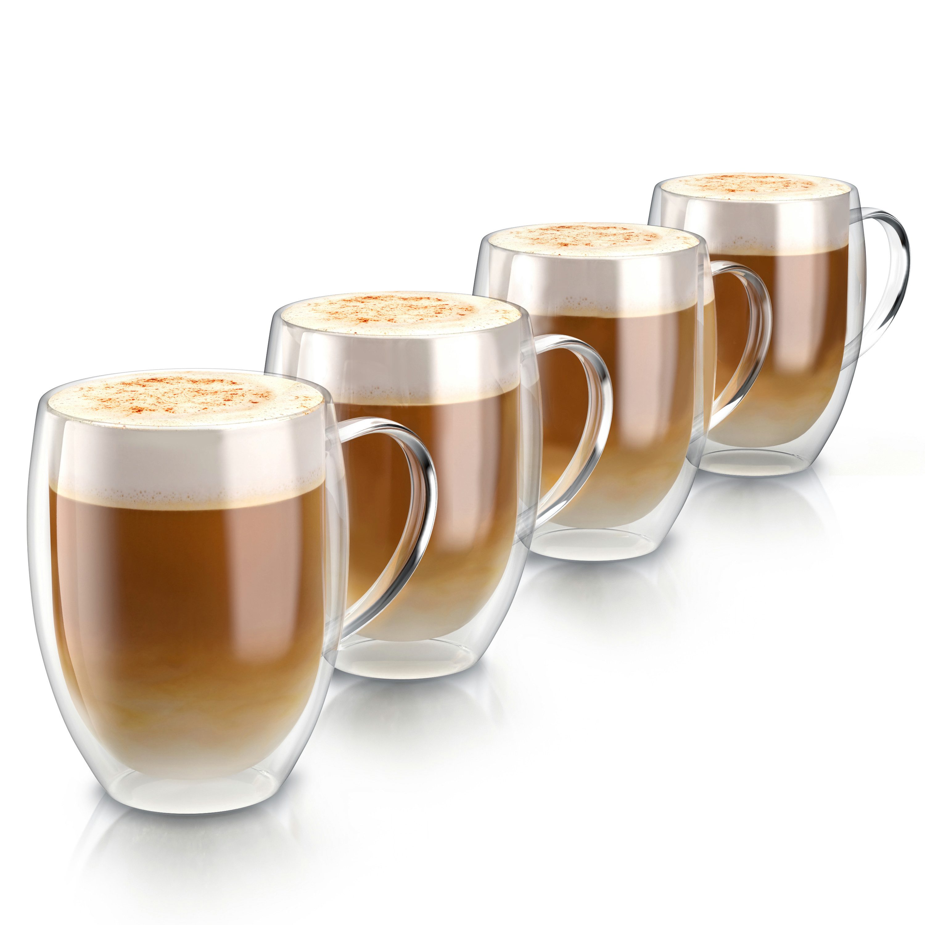 Arendo Gläser-Set doppelwandige Thermogläser mit Henkel, 350 ml Kaffeetasse, Trinkglas, 4-tlg., Glas, für Latte Macchiato, Cappuccino, Tee, hitzebeständig spülmaschinenfest