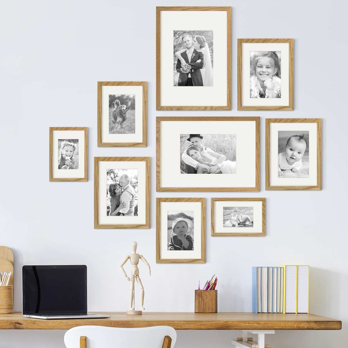 PHOTOLINI Bilderrahmen 9er Set Echtholz 10x15 bis 21x30 cm mit Passepartout günstig online kaufen