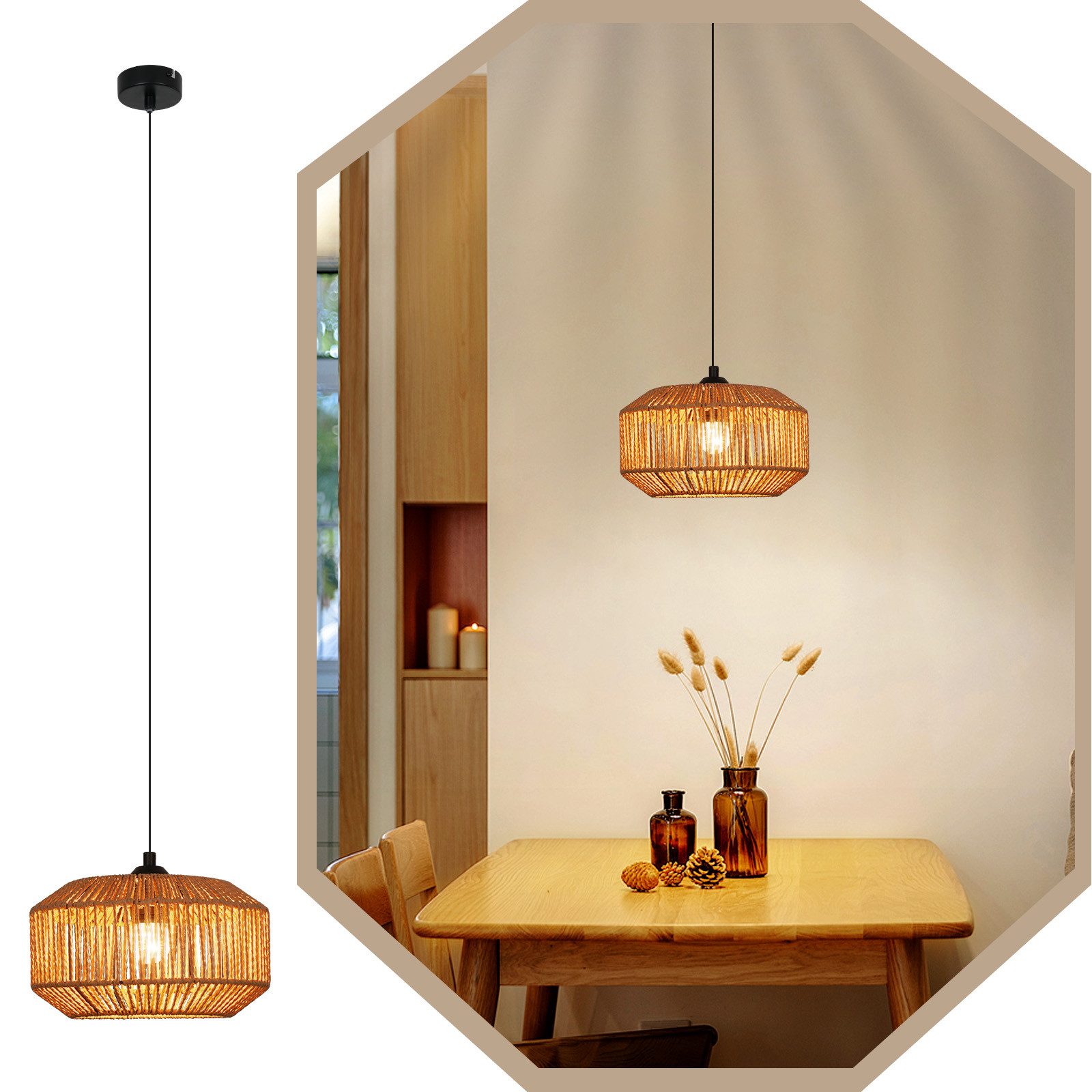 ZMH Pendelleuchte Esszimmer 1 Flammig Vintage Laterne Design Hängeleuchte E27 Flur, Hochwertige Design, ohne Leuchtmittel, kurzes laternenförmiges Flechtdesign Hanfseil Esstischlampe