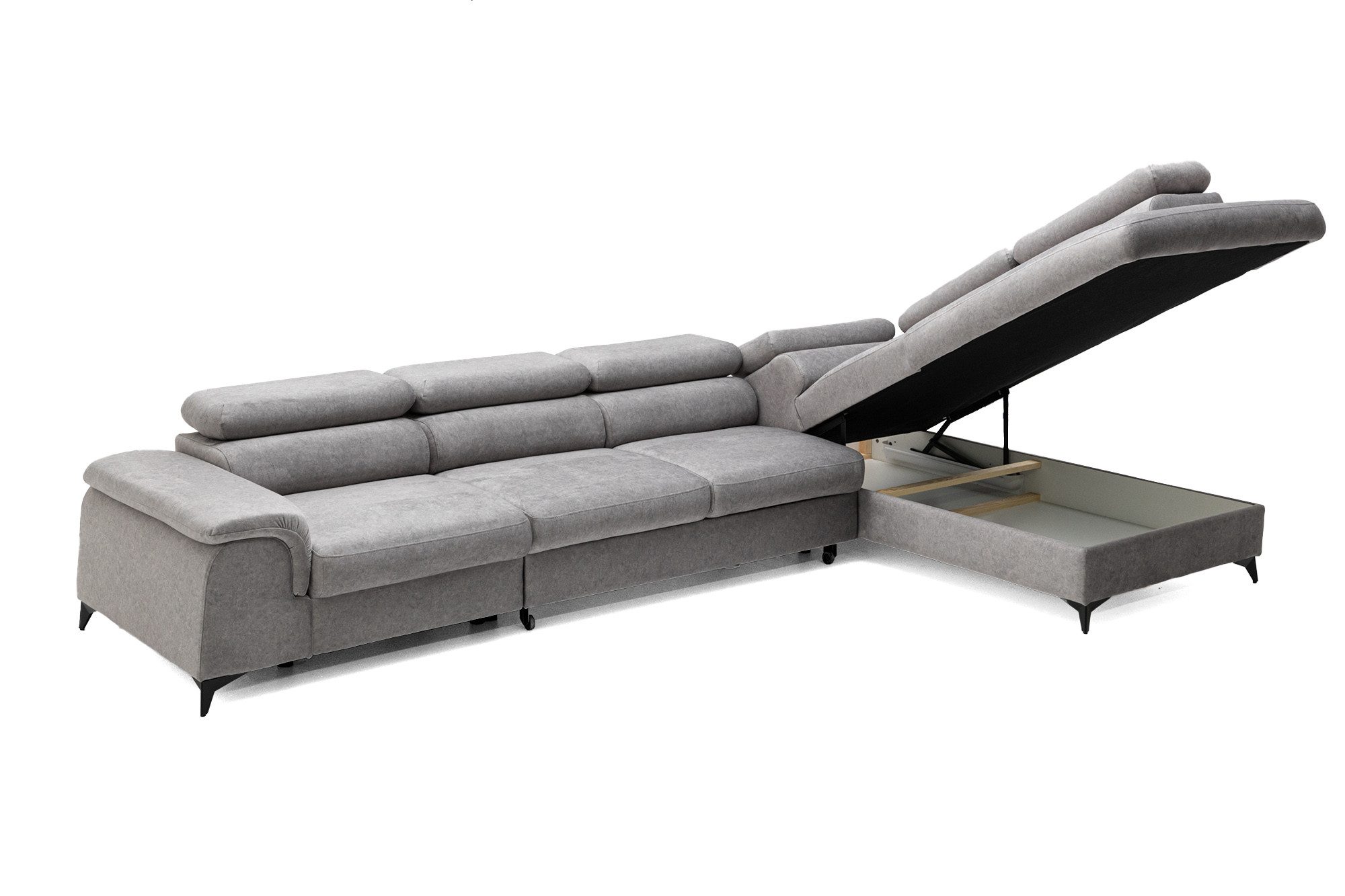 Muffo Ecksofa Plaza Maxi, Modernes Große sofa L-form mit Schlaffunktion und Verstellbare Kopfstützen Metallfüße, elegante einfache Form