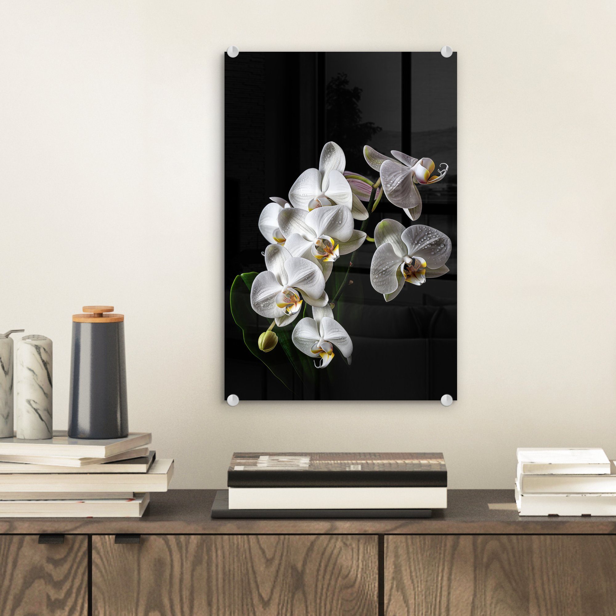 auf Foto - Glas Glas Wandbild - Glasbilder MuchoWow Bilder - Natur Weiß Acrylglasbild - Schwarz, - Wanddekoration - (1 auf Blumen St), - Orchidee