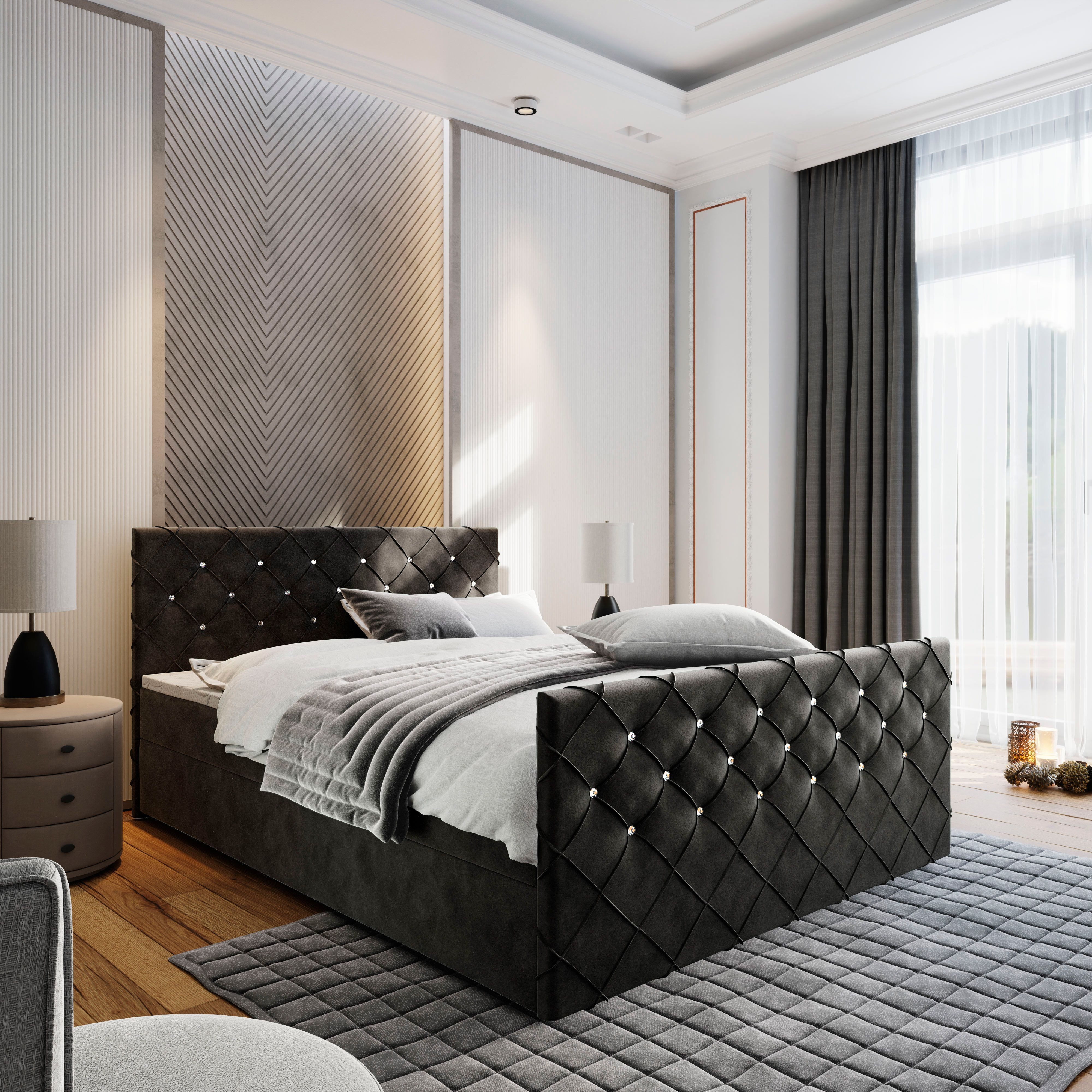 Masseno Boxbett MANDI 180x200 cm mit Bonell Matratze und Topper, Doppelbett, Polsterbett mit Kopfteil, Boxspringbett