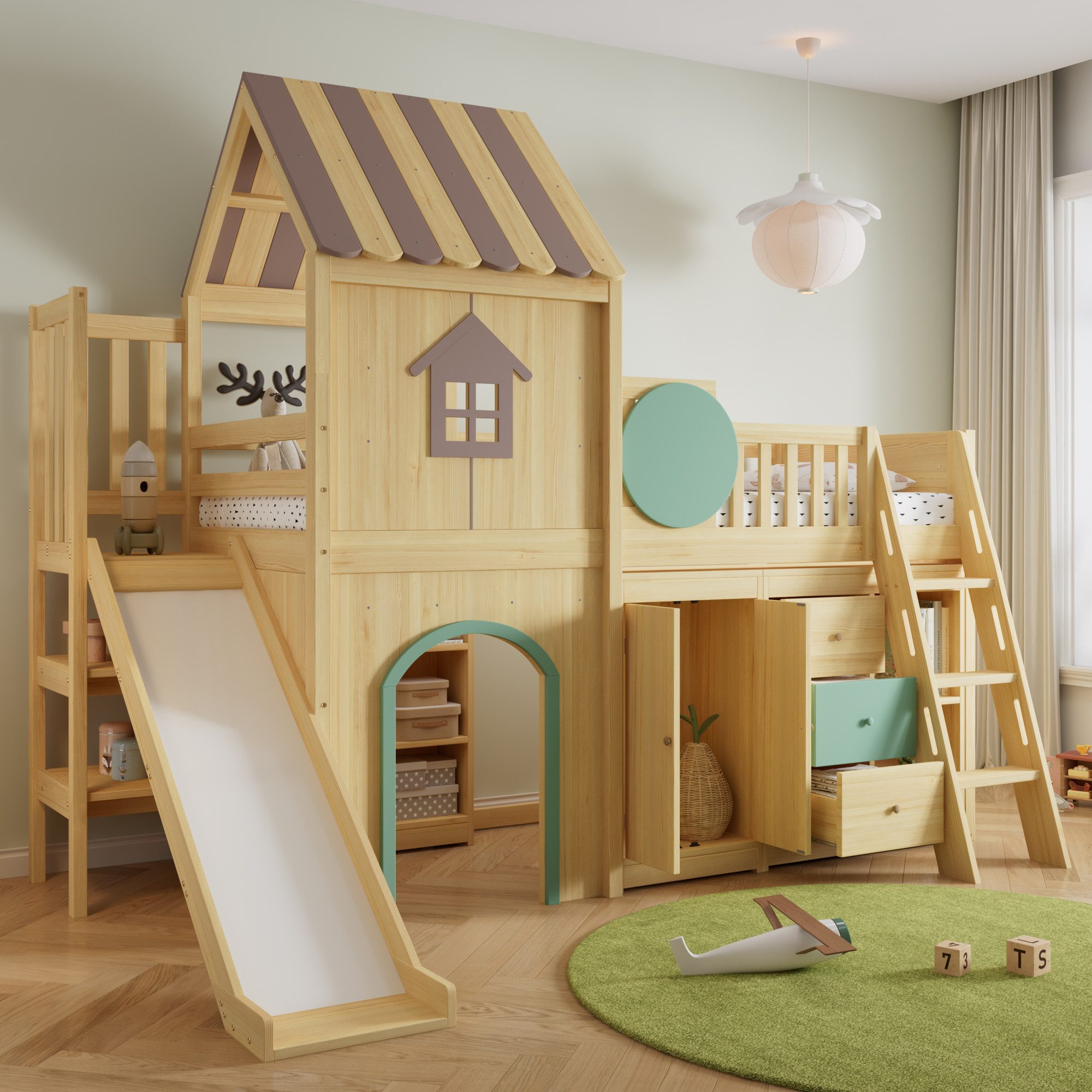 REDOM Hochbett mit 3-stufiger Treppe, integriertem Kleiderschrank,Kinderbett (mit Rutsche im kreativen Hausdesign, 90x200 cm, mit Schubladen und Ablagefächern, Funktionsbett Jugendbett) Inklusive Matratze