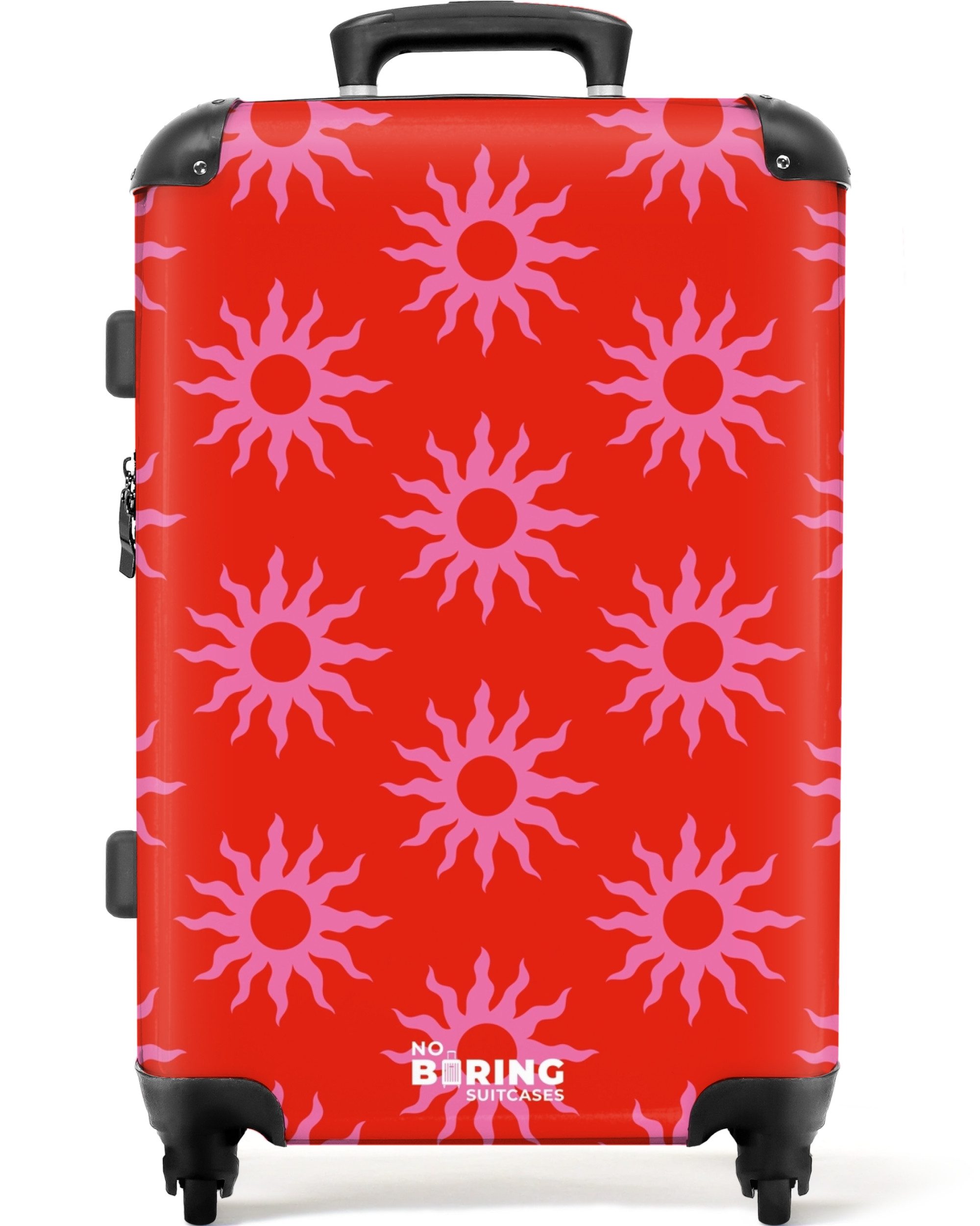 NoBoringSuitcases.com© Hartschalen-Trolley Rot mit rosa Sonnen günstig online kaufen