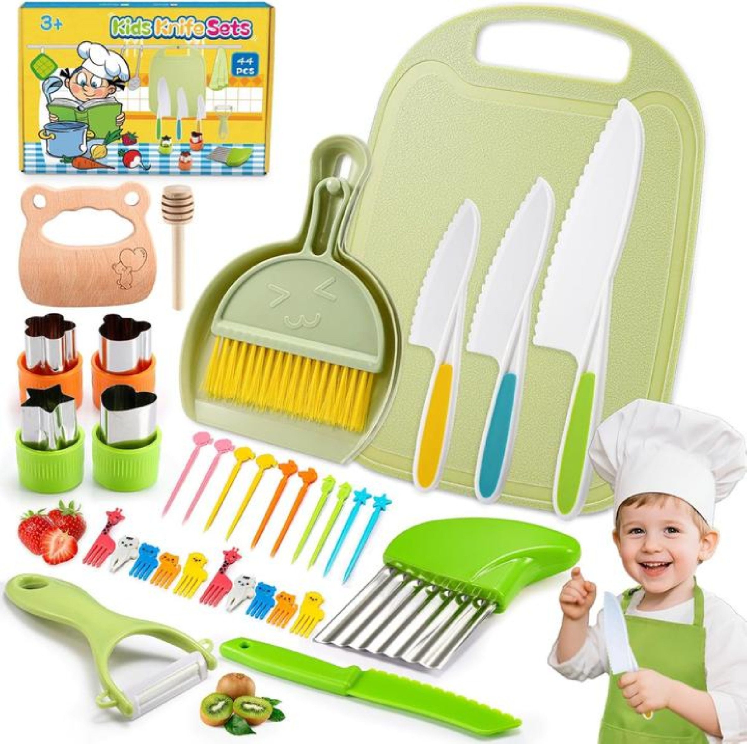 JoltJive Kinderkochmesser Kinderküchen Messer Set 44-teilig Montessori Lernset Zubehör grün, Fördert Motorik Kreativität Selbstständigkeit im Montessori Lernspiel