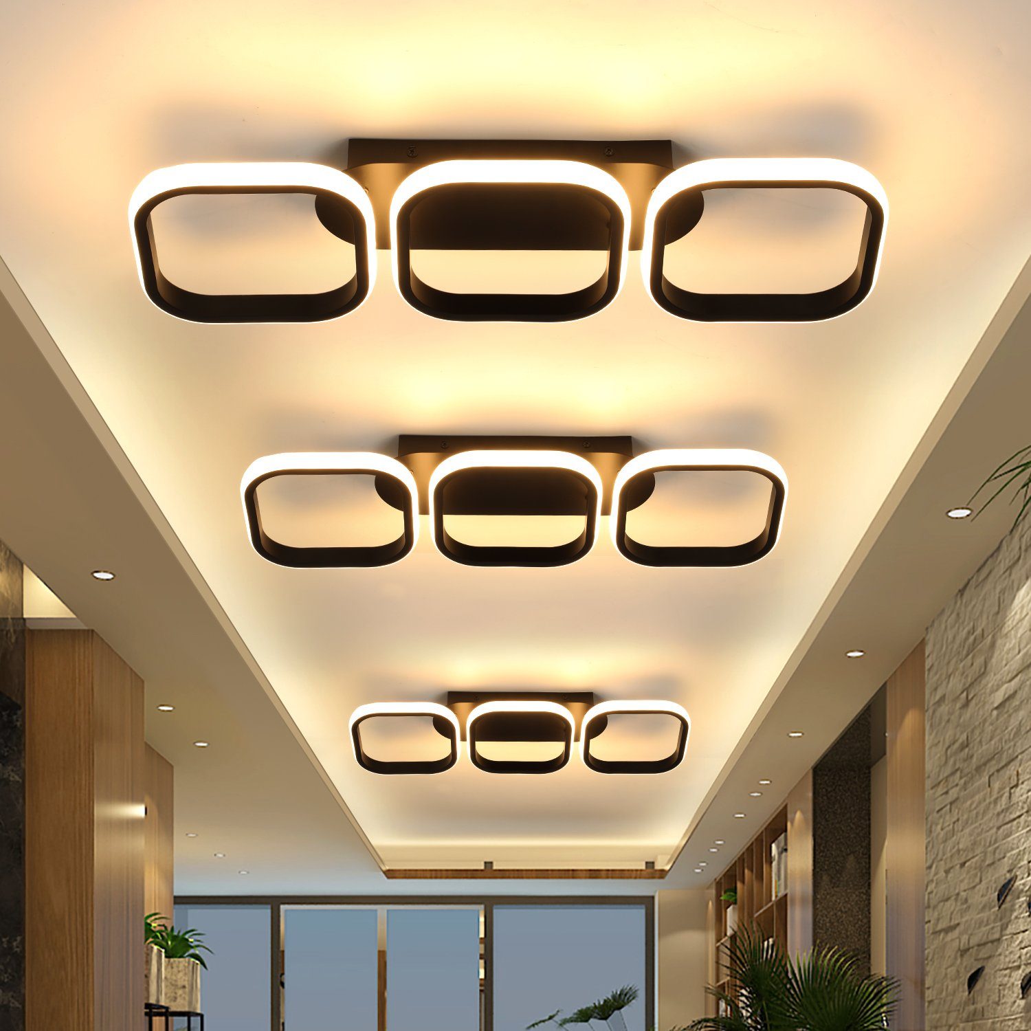 LETGOSPT Deckenleuchte Flur LED für Ringe 3-Farbige Schlafzimmer, Quadrat integriert, Esszimmer, Deckenleuchte, Neutralweiß, Wohnzimmer, fest Schwarz Wandlampe 53cm, Deckenlampe 3 Kreative Deckenlampe Warmweiß, Kaltweiß, 3 LED