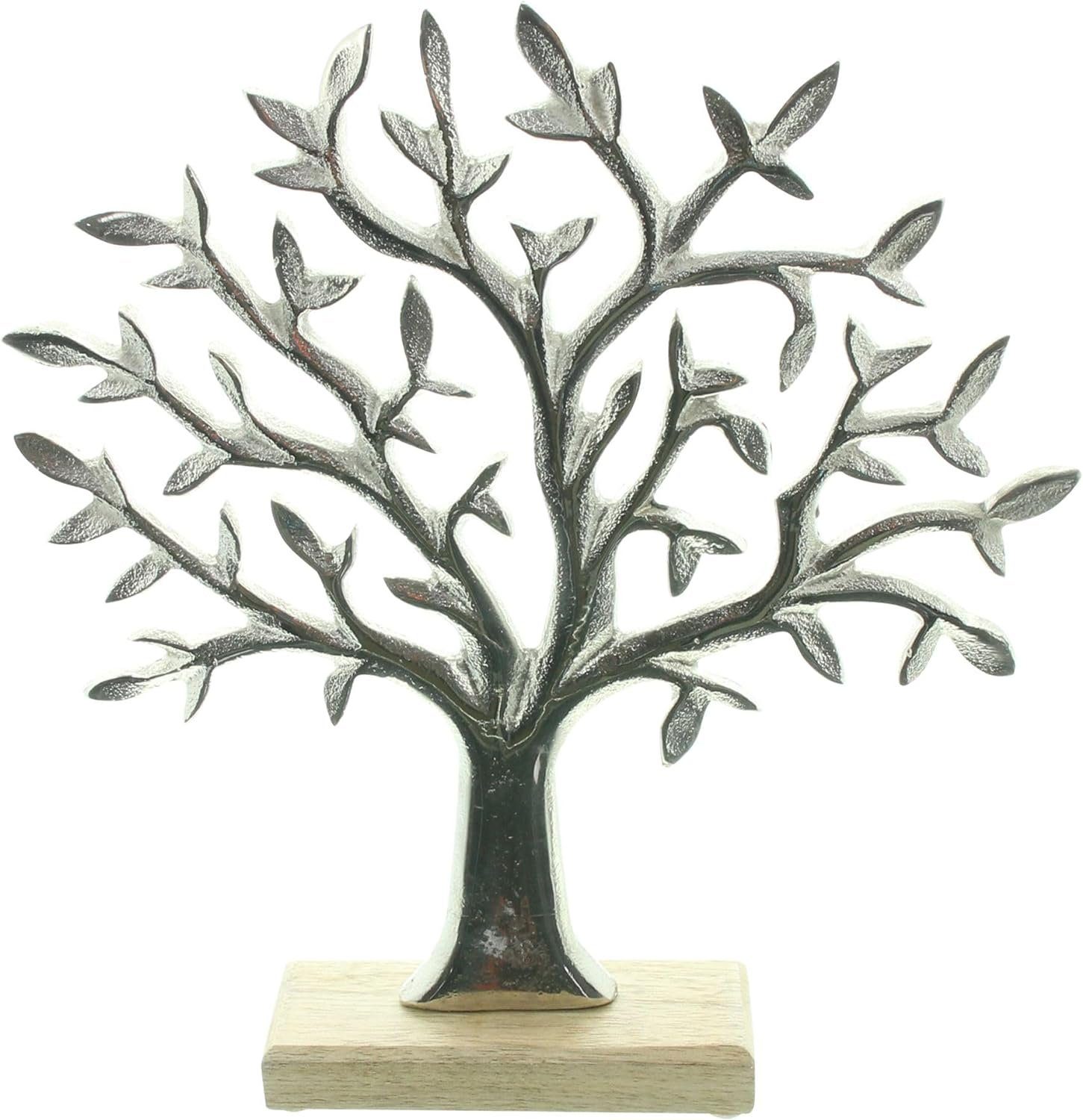 Dekofigur Baum "Silber" aus Aluminium & Mango Holz, 31 cm hoch, Tischdeko