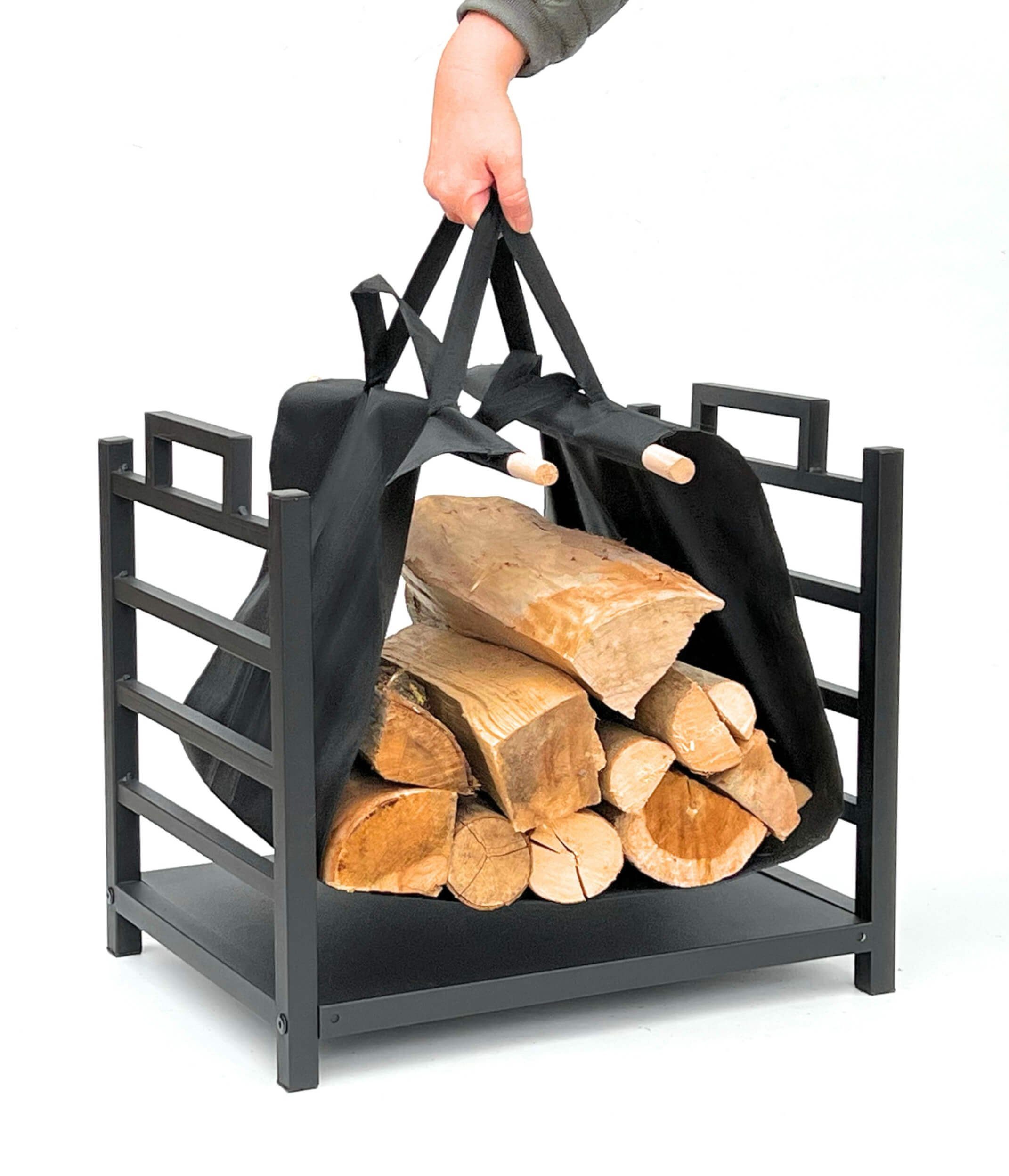 DanDiBo Kaminholzregal Innen Metall Schwarz Stehend mit Tragetasche 45 cm, Tragetasche für den Transport von Holz
