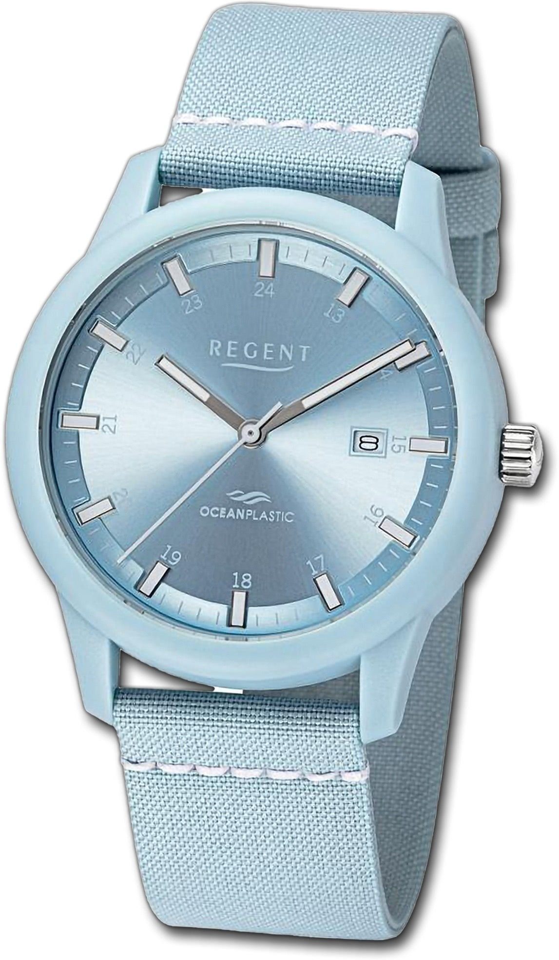 Regent Quarzuhr Regent Herren Armbanduhr Analog, Herrenuhr Nylonarmband hellblau, weiß, rundes Gehäuse, groß (ca. 40mm)