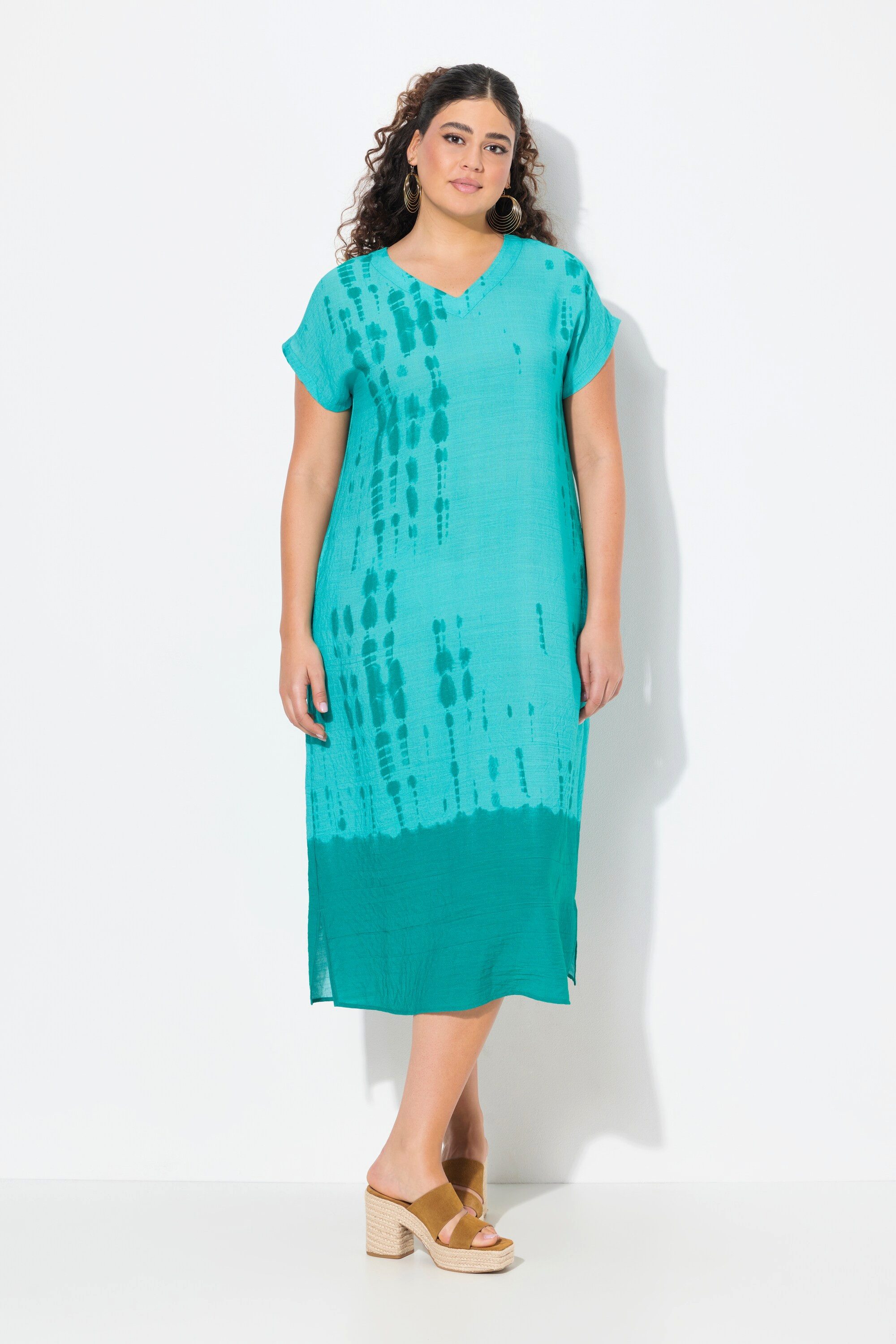 Ulla Popken Midikleid Kaftan Leinenmix Batikdruck V-Ausschnitt Halbarm günstig online kaufen