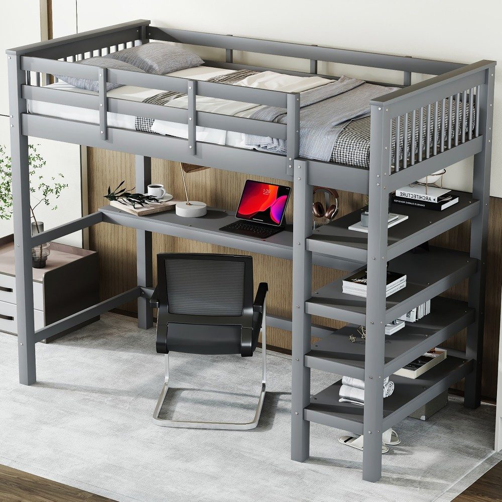 Ulife Hochbett Kinderhochbett 90x200 mit Ablagefächern & Schreibtisch Grau