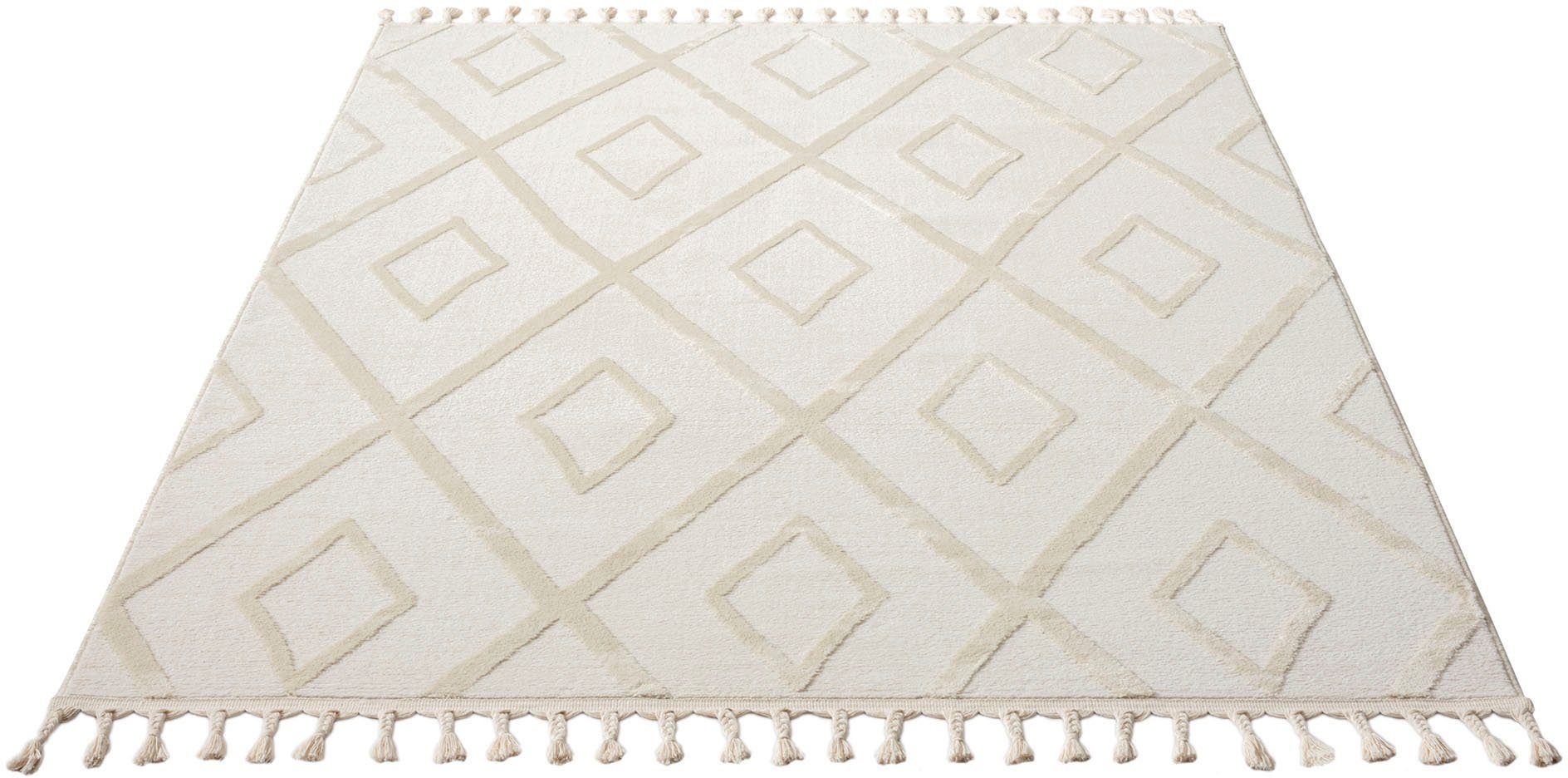 Teppich »Otilie«, andas, rechteckig, Höhe: 11 mm, dichte Qualität, Woll-Look, Boho, mit Fransen und Rauten, Scandi cream