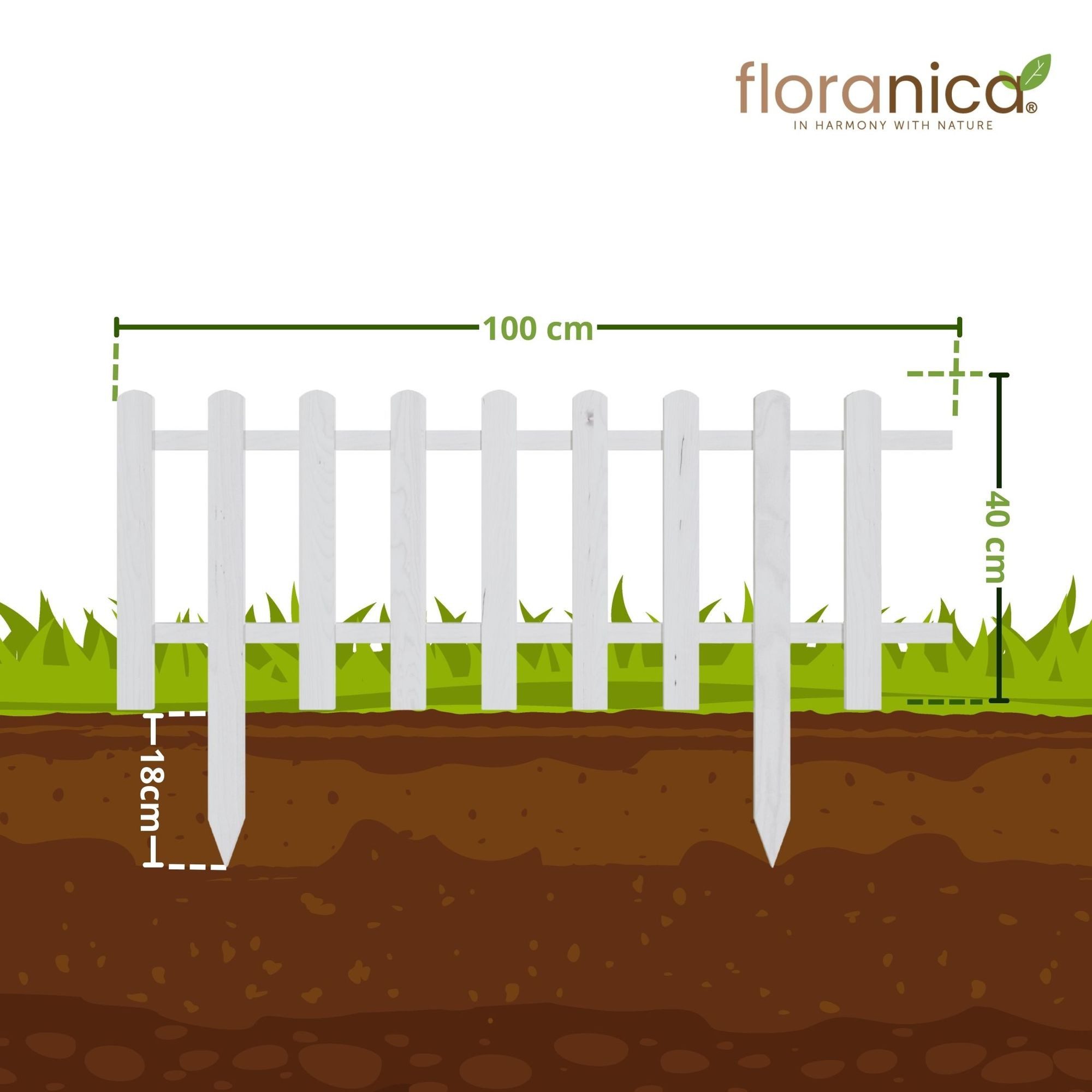 Floranica Zierzaun Vorgartenzaun, Beeteinfassung, Beetumrandung, Steckzaun Zierzaun, (40 x 100 cm, 4-St., Weiß), Gartenzaun aus Holz für Wege Beeten, Dekozaun Lattenzaun
