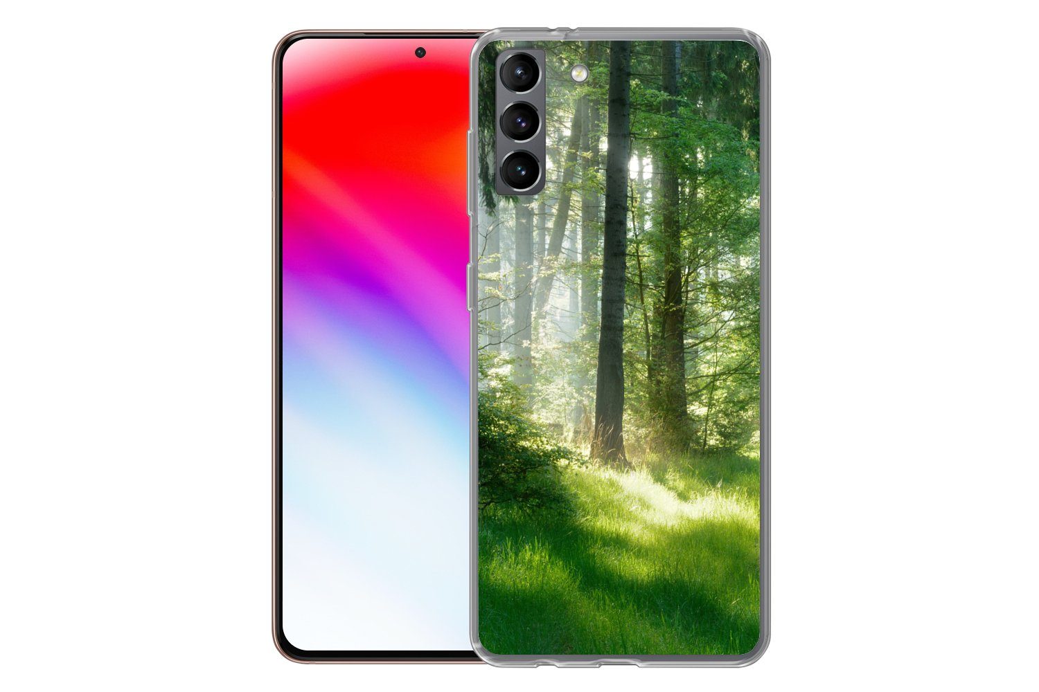 MuchoWow Handyhülle für Samsung Galaxy S21 Plus Natur - Bäume - Wald - Grün - Sonne - Gras, Phone Case, Silikon, Schutzhülle Dünn
