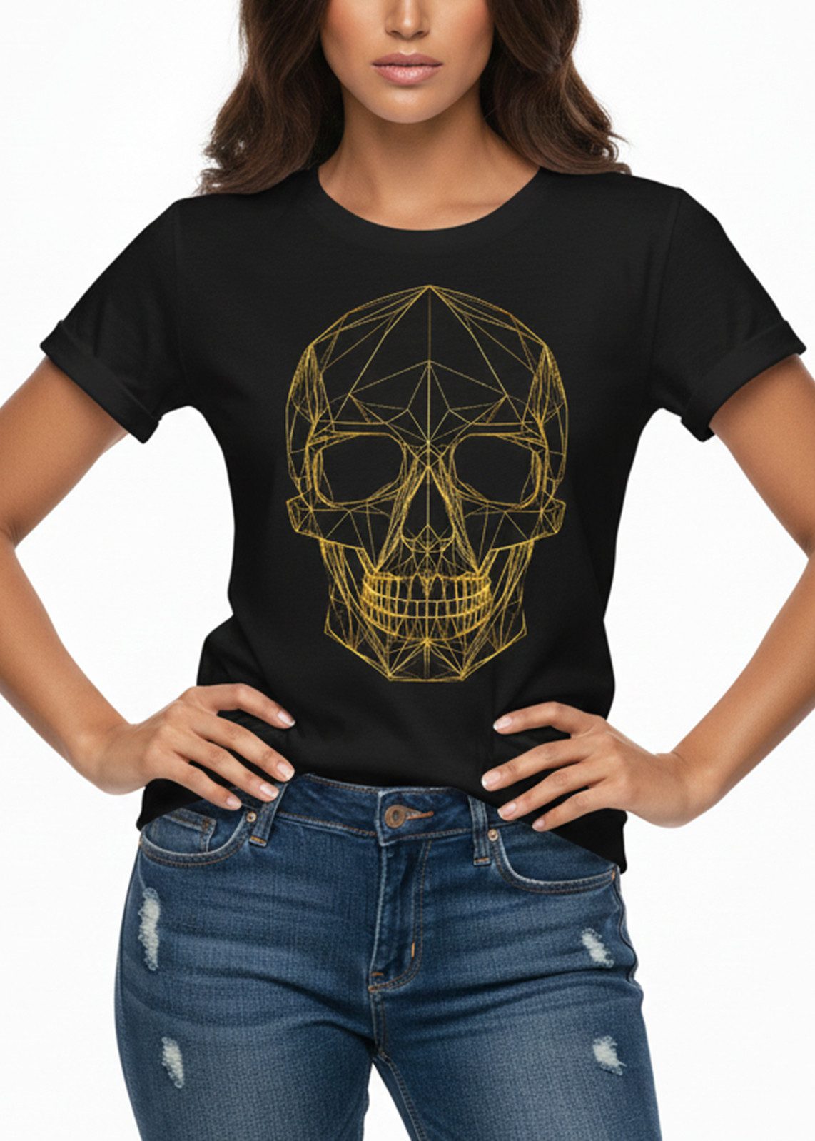 MAKAYA Print-Shirt mit Totenkopf Motiv Goldprint Goldruck Skull Gold Schwar günstig online kaufen