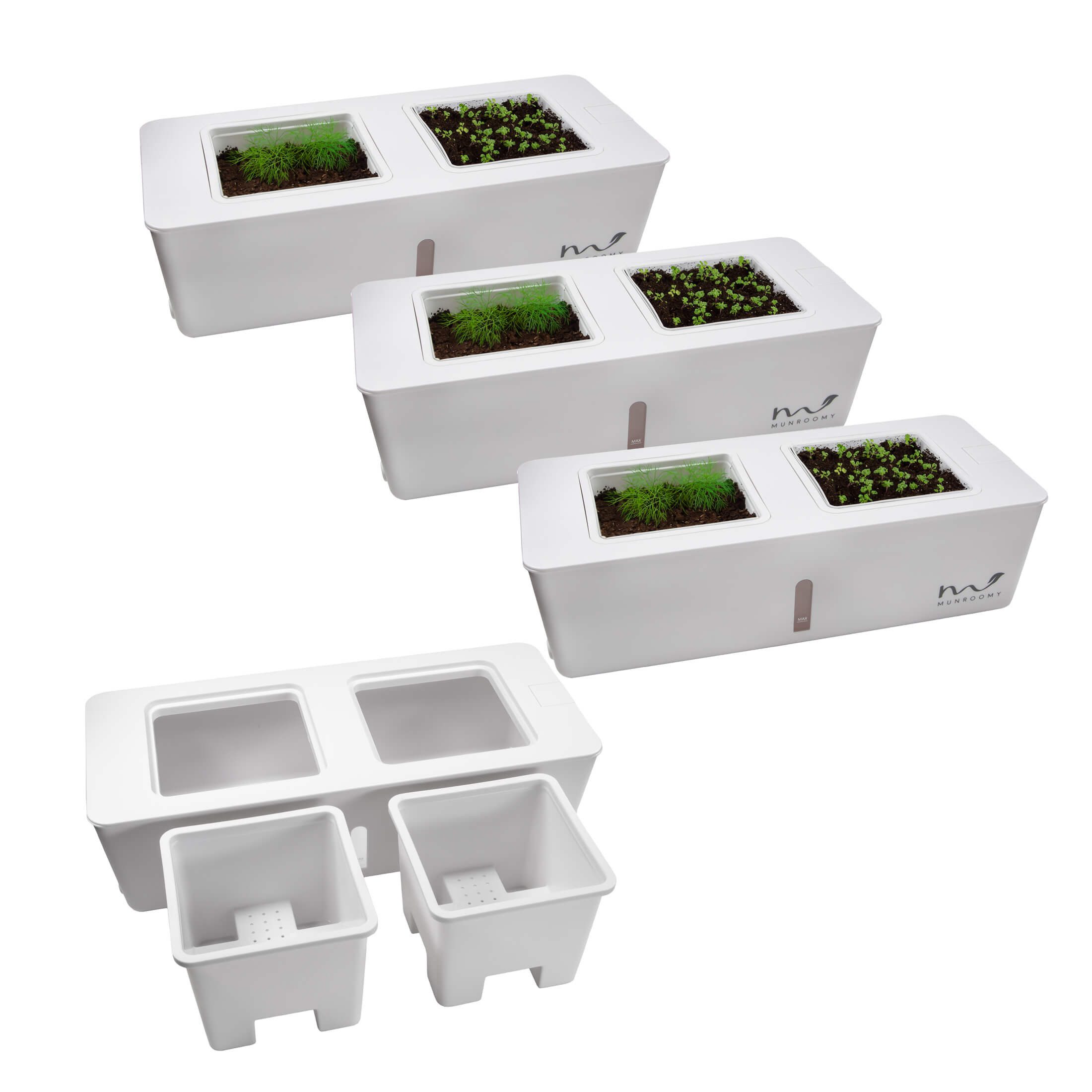 MUNROOMY Kräutertopf Indoor Kräuter Gewächshaus Set mit Bewässerungssystem - 4er Set (4 St), 4 Stück, Zimmergewächshaus, Indoor Kräutergarten