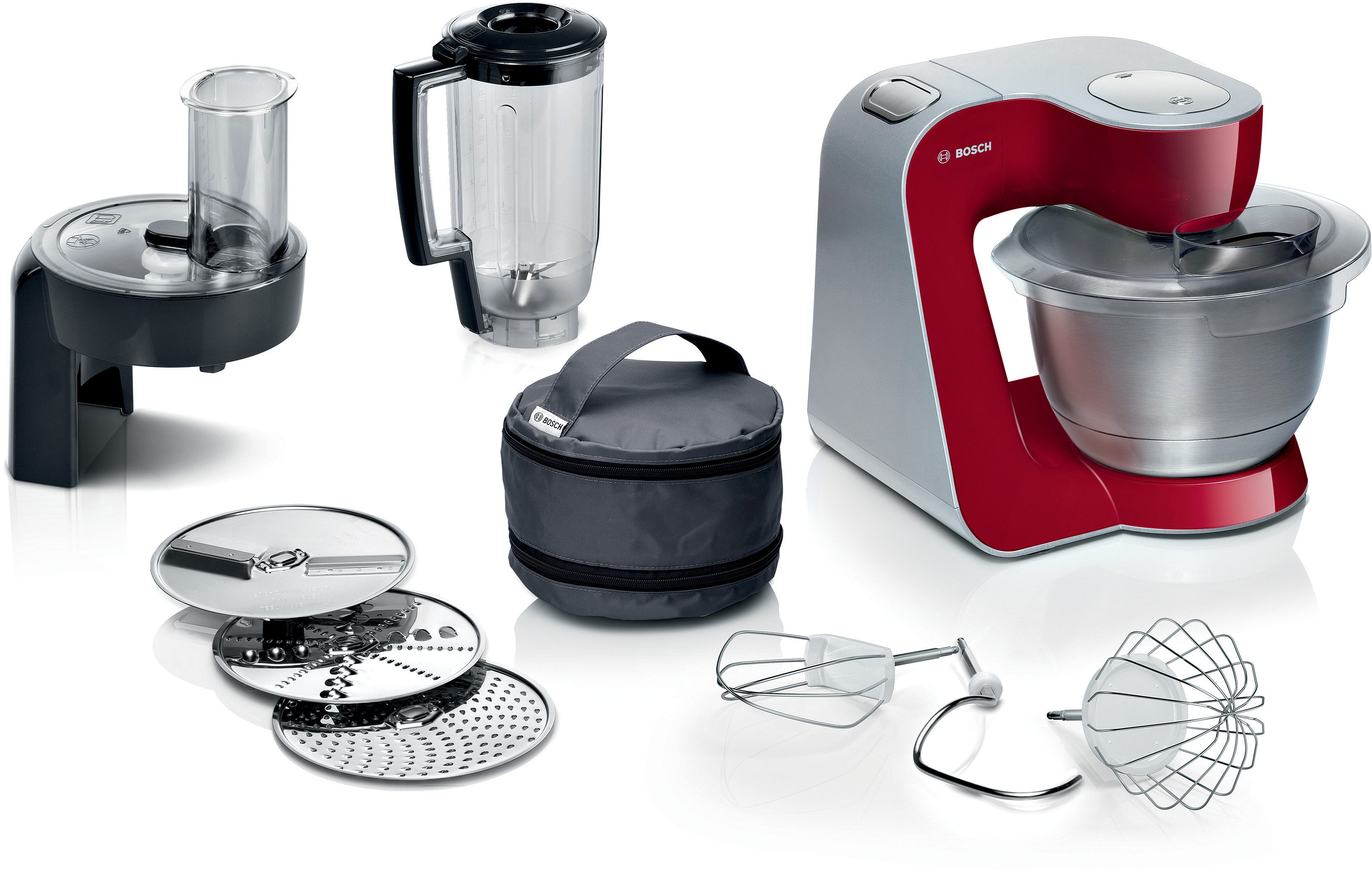 BOSCH Küchenmaschine Serie 4, MUM58R20, 7 Stufen, Edelstahlschüssel 3,9 L, 1000 W, 8,1 l Schüssel, 3D Rührwerk, Mixer, Durchlaufschnitzler, 3 Scheiben, Edelstahl-Rührer