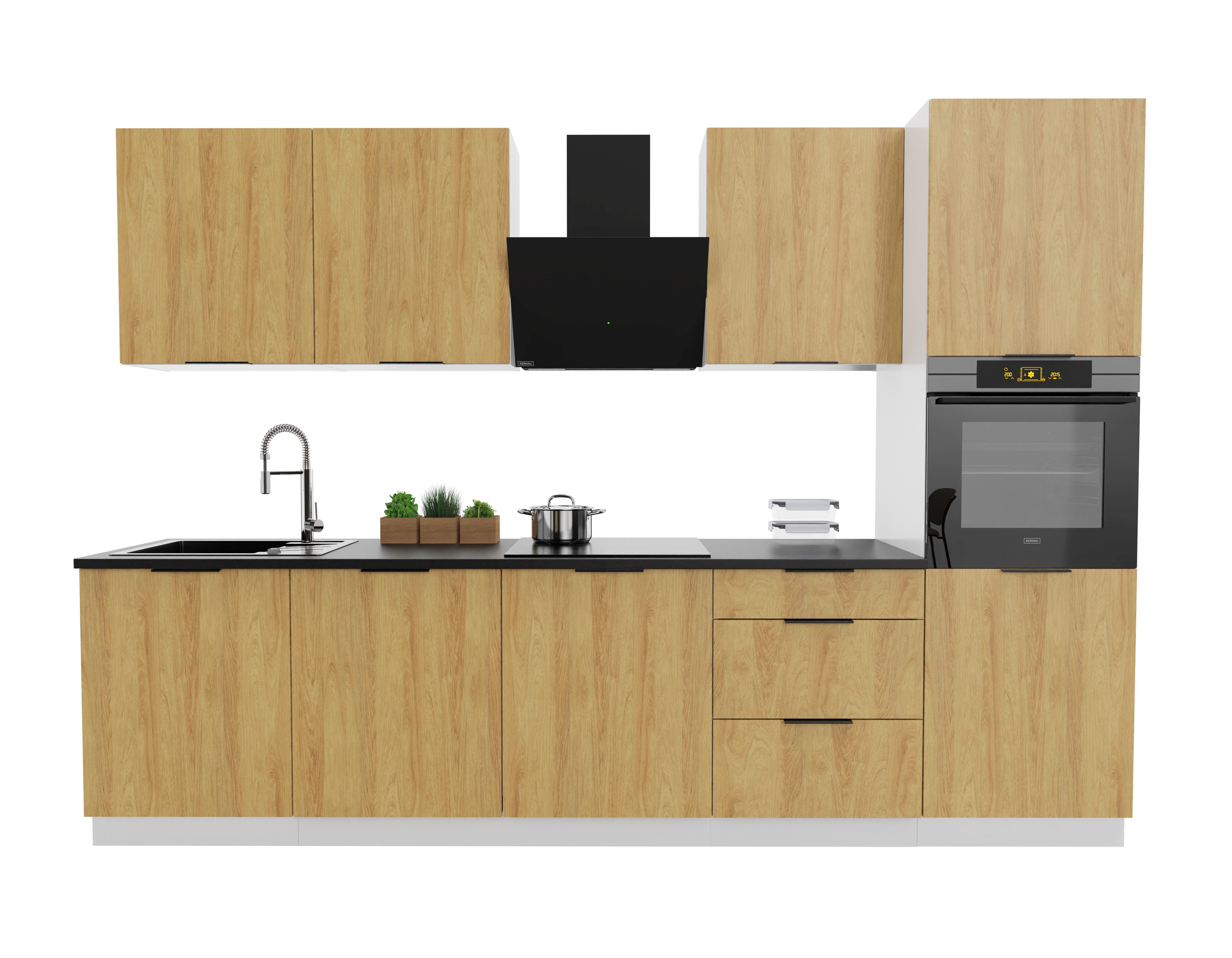 Möbel für Dich Küchenzeile Einbauküche Bono 300 cm 8-teilig, Fronten in Holzdekorfarbe Eiche Hicora, erweiterbar