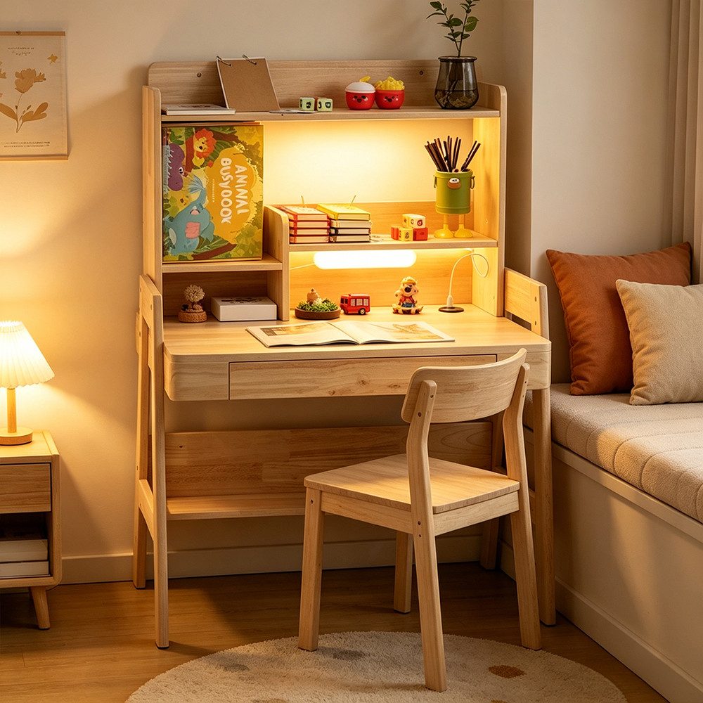 MODFU Schreibtisch Kindertisch höhenverstellbar mit LED-Lichtleiste (mit USB-Anschluss, Schublade & Stauraum), Kinderschreibtisch Computertisch