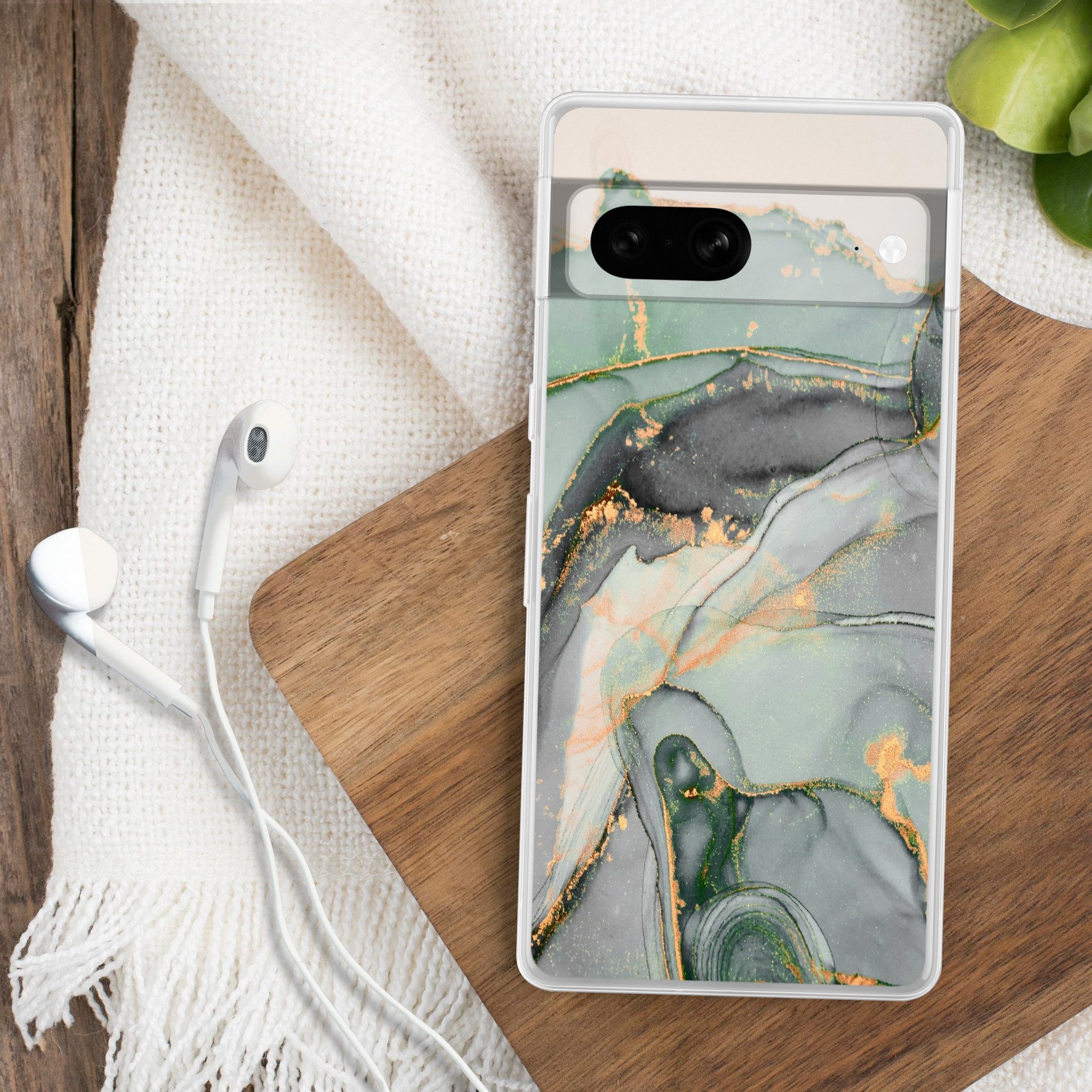 MuchoWow Handyhülle für Google Pixel 7 Gold - Marmor - Grün - Luxus - Glitzer - Marmoropti, Phone Case, Silikon, Schutzhülle Dünn