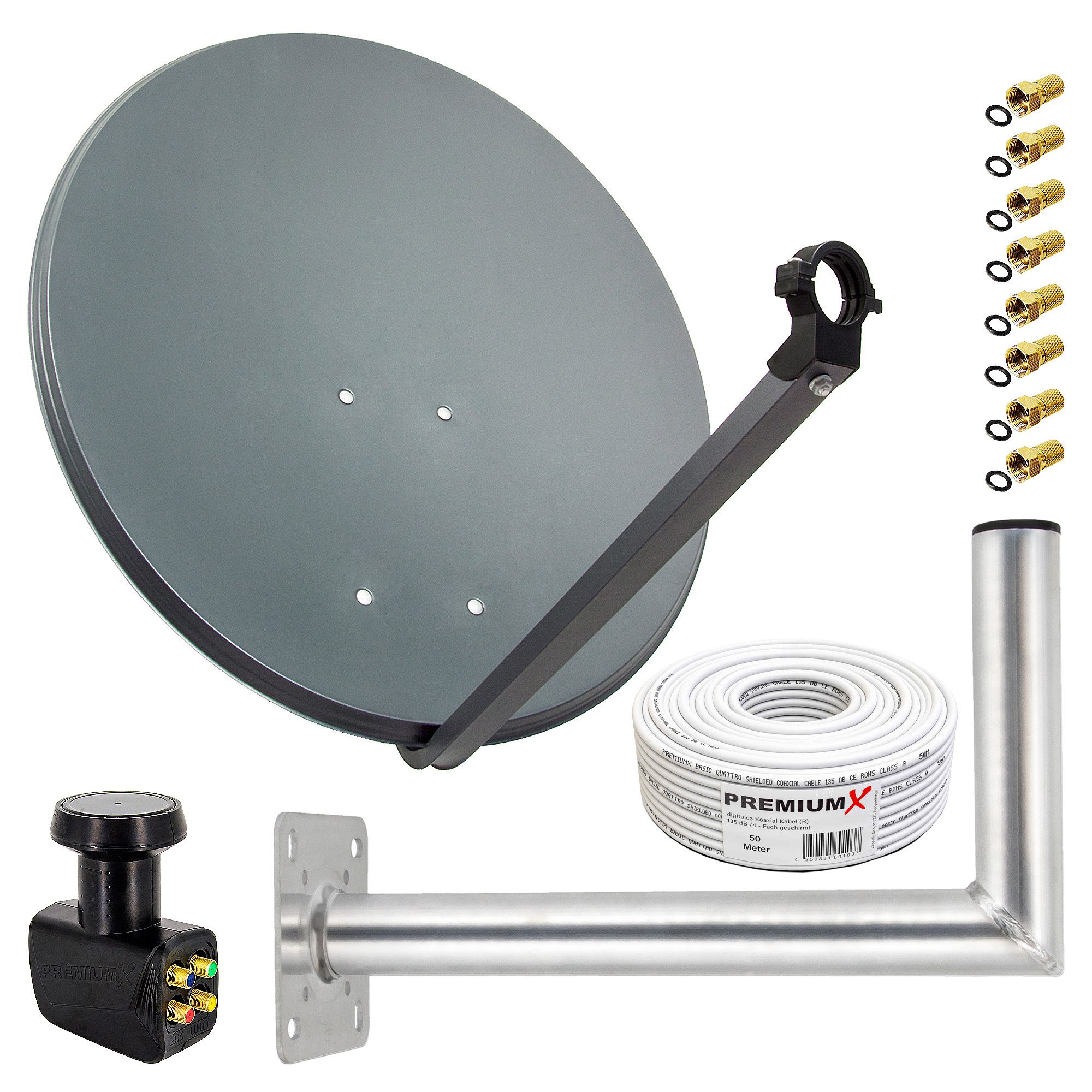 PremiumX Satelliten-Komplettanlage 80cm ALU Quad LNB 50m Kabel 45cm Wandhalter SAT-Antenne