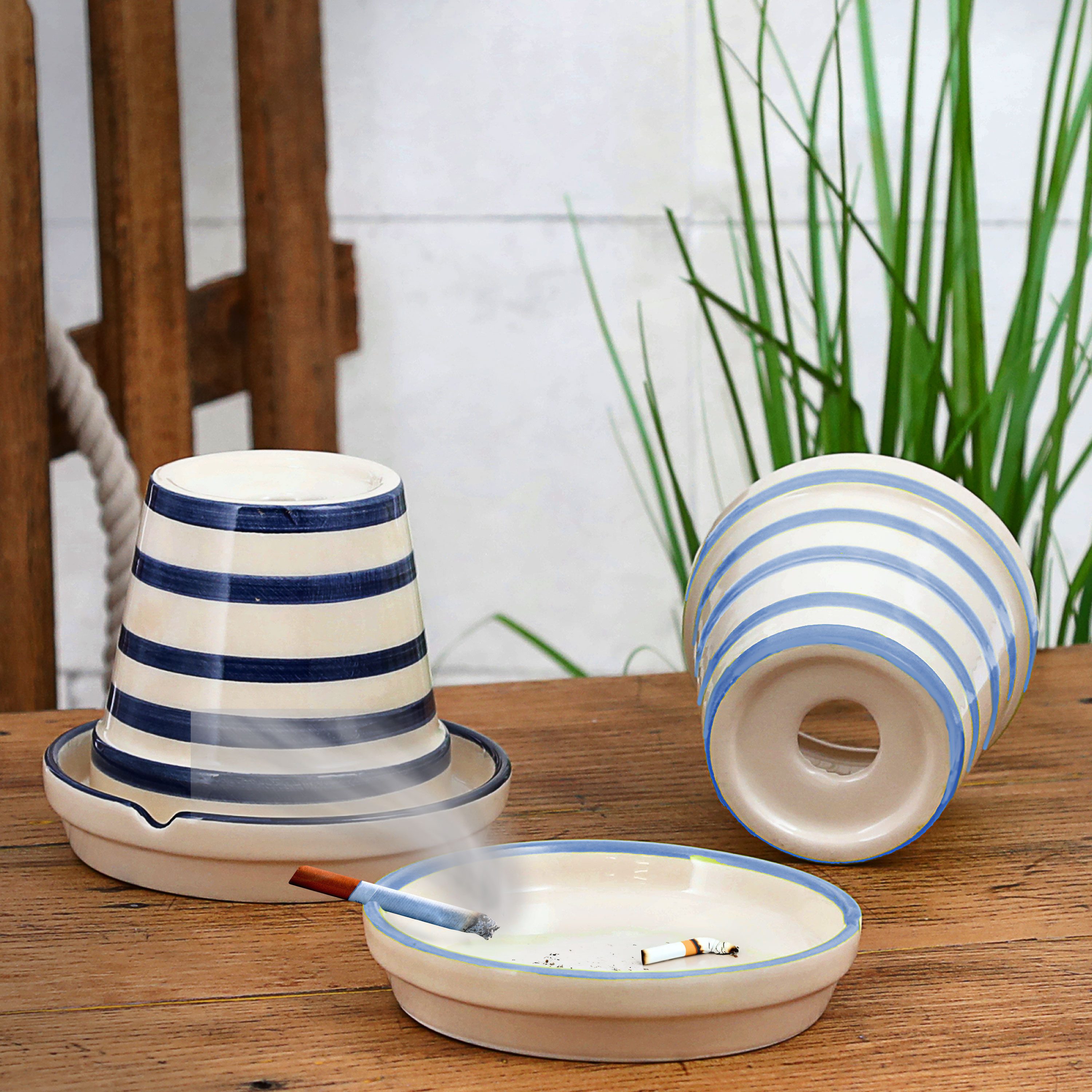 CEPEWA Aschenbecher Sturmaschenbecher Maritim 2er Set blau weiß gestreift Ø12cm Dolomit – Bild 3 von 5