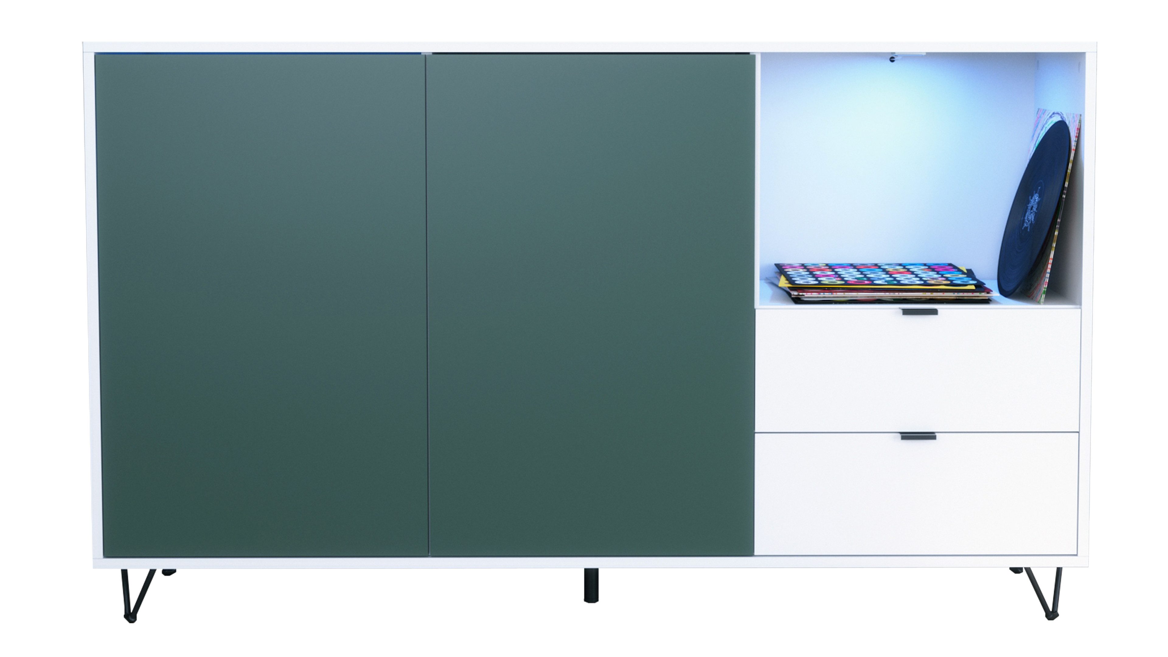 Vladon Sideboard Marino (Kommode mit 2 Türen Fjord Grün, 2 Schubladen Weiß matt, inkl. LED, Made in Germany), Korpus Weiß matt (152,5 x 90,5 x 37 cm)