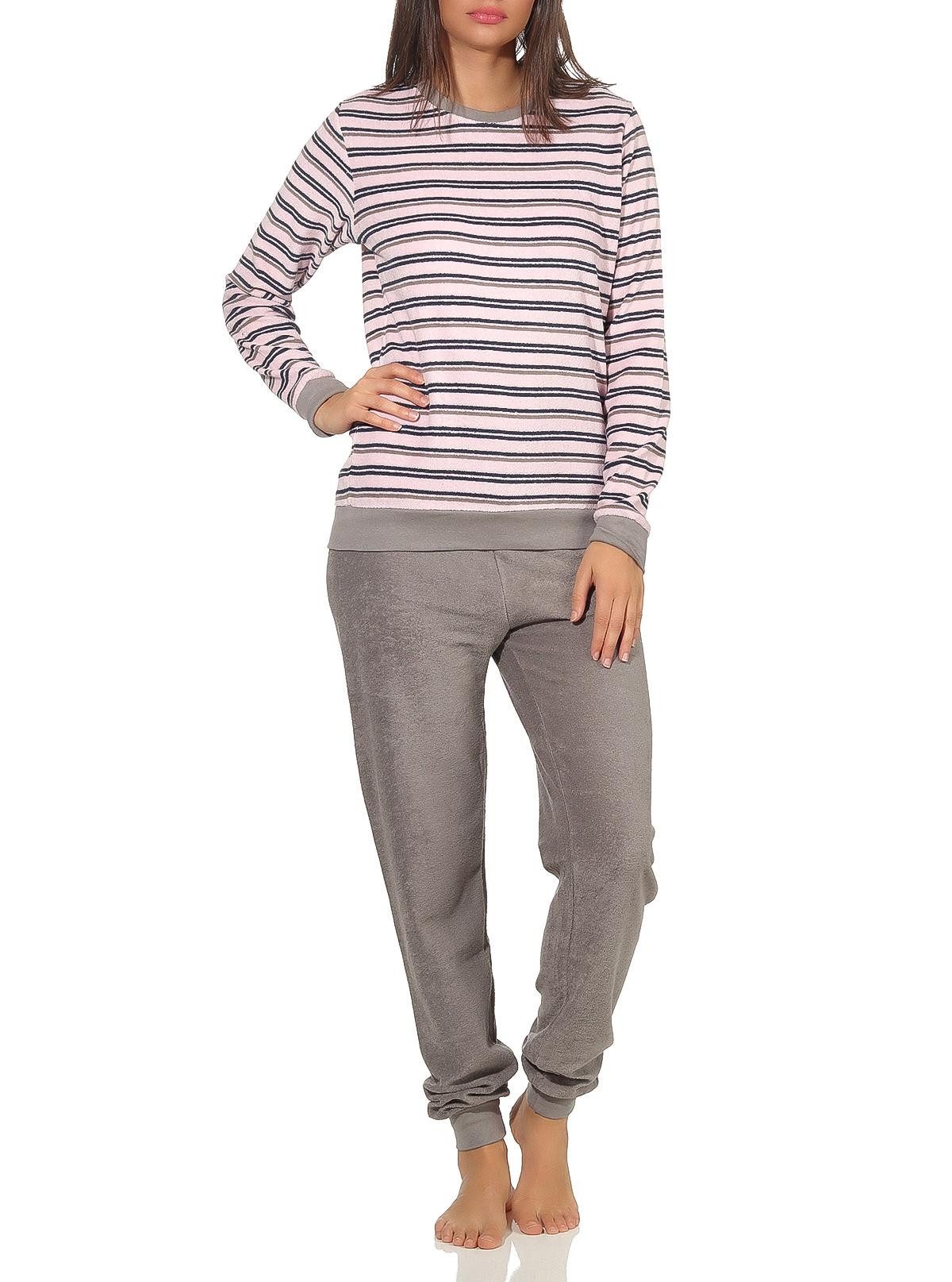 RELAX by Normann Pyjama Damen Frottee Pyjama lang Schlafanzug mit Bündchen in Streifenoptik – Bild 2 von 5