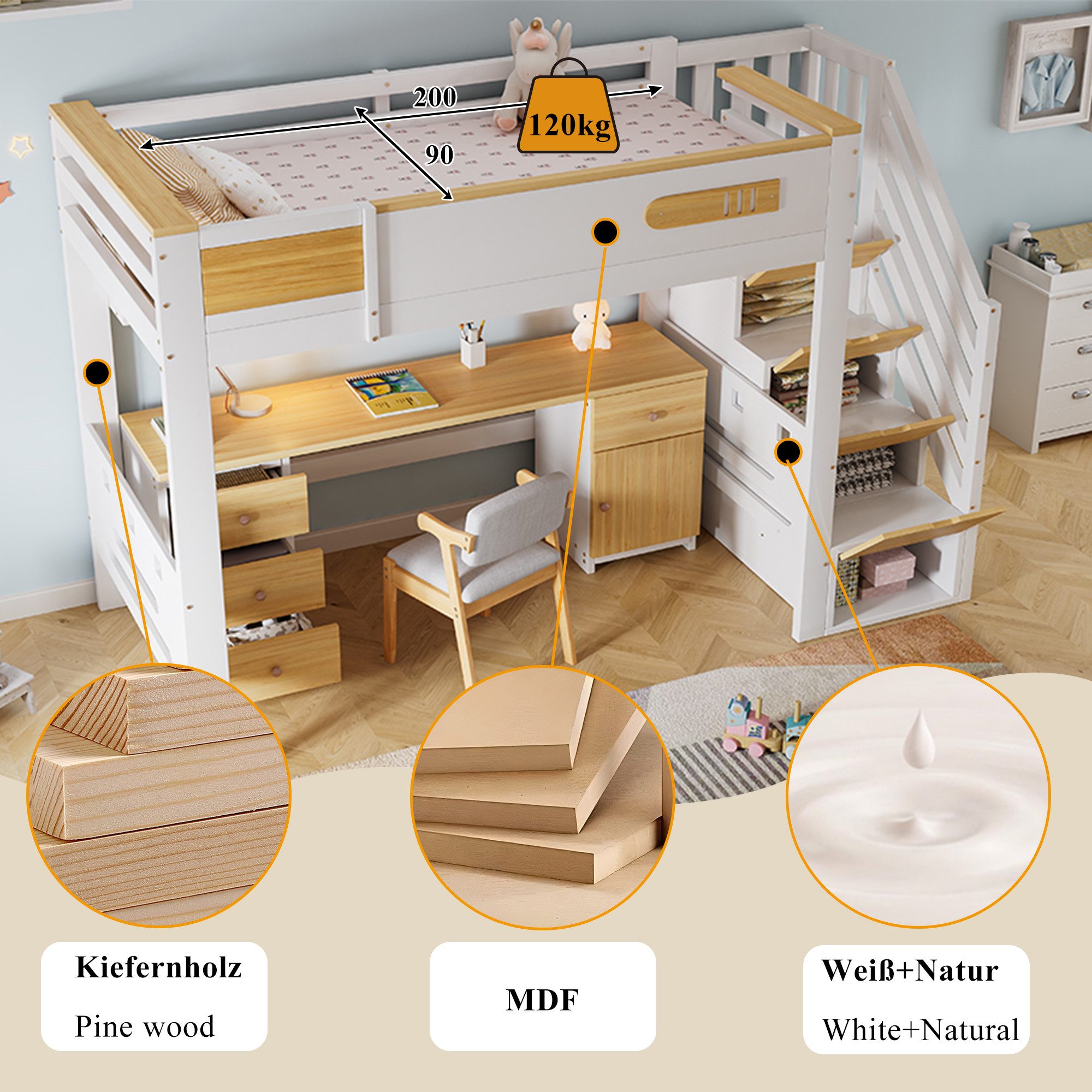 BlingBin Hochbett 90x200cm Kinderhochbett mit Schreibtisch,Stauraumtreppe und Schubladen (6 Packung, 1-St., mit Lattenrost,mehrstufigem Stauraumkonzept und breiter Treppe) Kombiniert Schlafplatz,Lernbereich Aufbewahrung,Ohne Matratze Stuhl