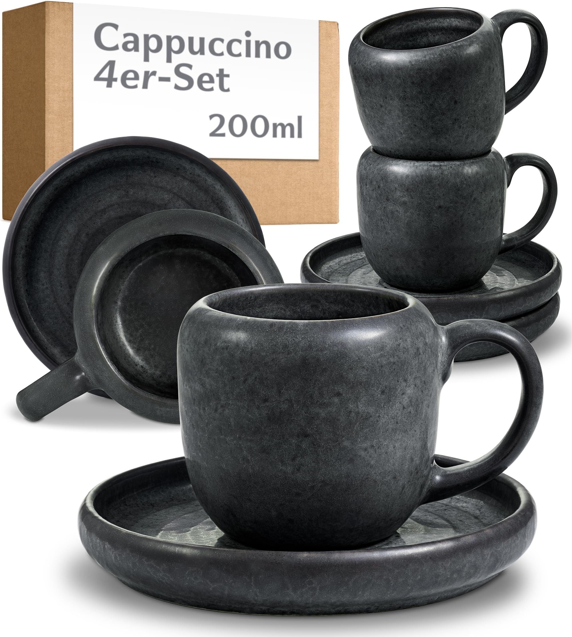 Cosumy Cappuccinotasse 4er Cappuccino Tassen Set mit Untertassen Weiß – 200 ml Keramik, 4-tlg., Steingut, Handglasiert, Spülmaschinenfest & Mikrowellengeeignet, 4er Set