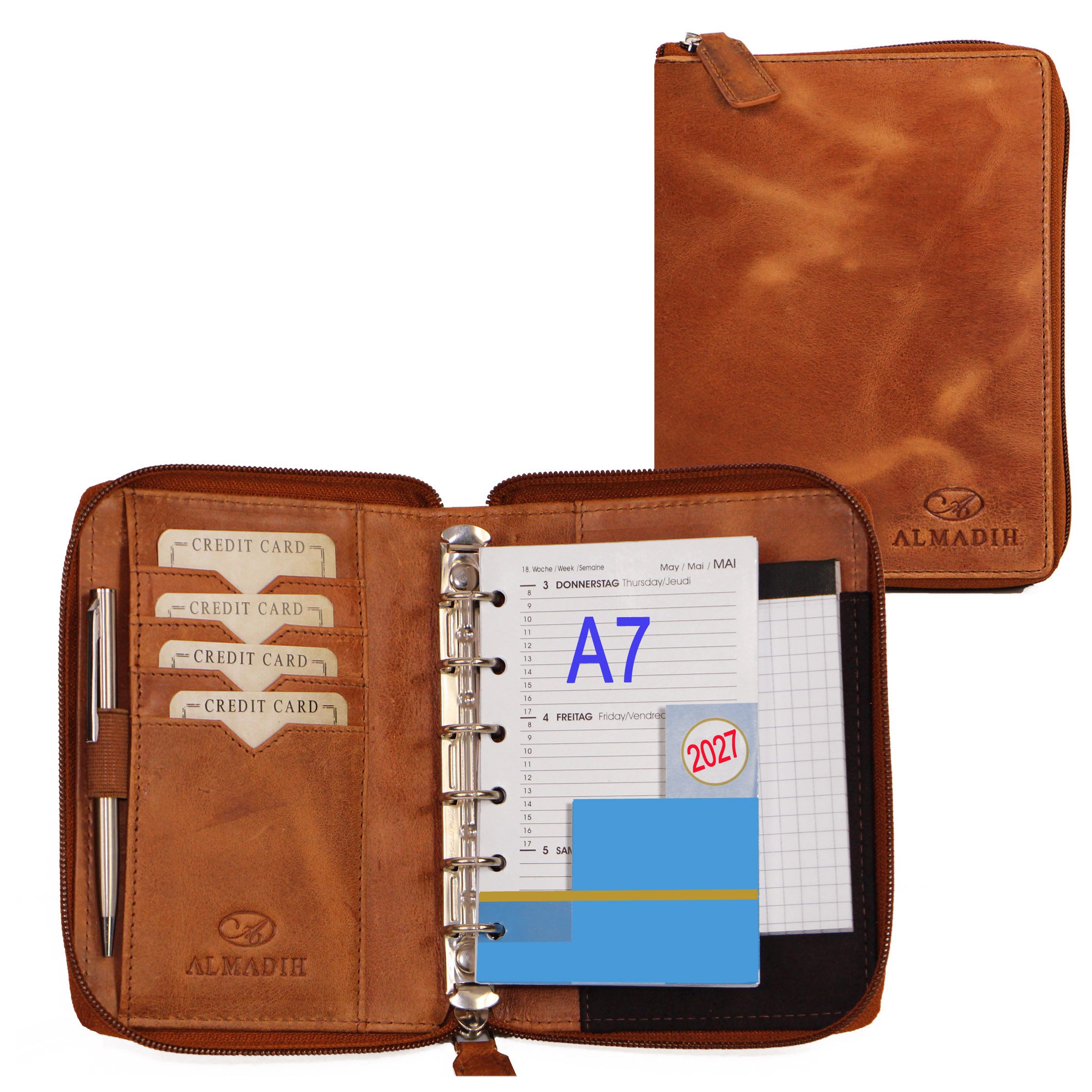 ALMADIH Konferenzmappe Ledermappe A7 Organizer Leder Terminplaner 2026 2027 braun, schwarz