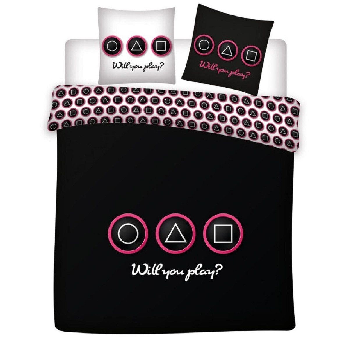 Squid Game Bettwäsche - Set – 1x Deckenbezug 200x200 cm & 2x Kissenbezüge 65x65 cm, Baumwolle, 3 teilig, perfekt für Nächte, ideal für Kinderzimmer