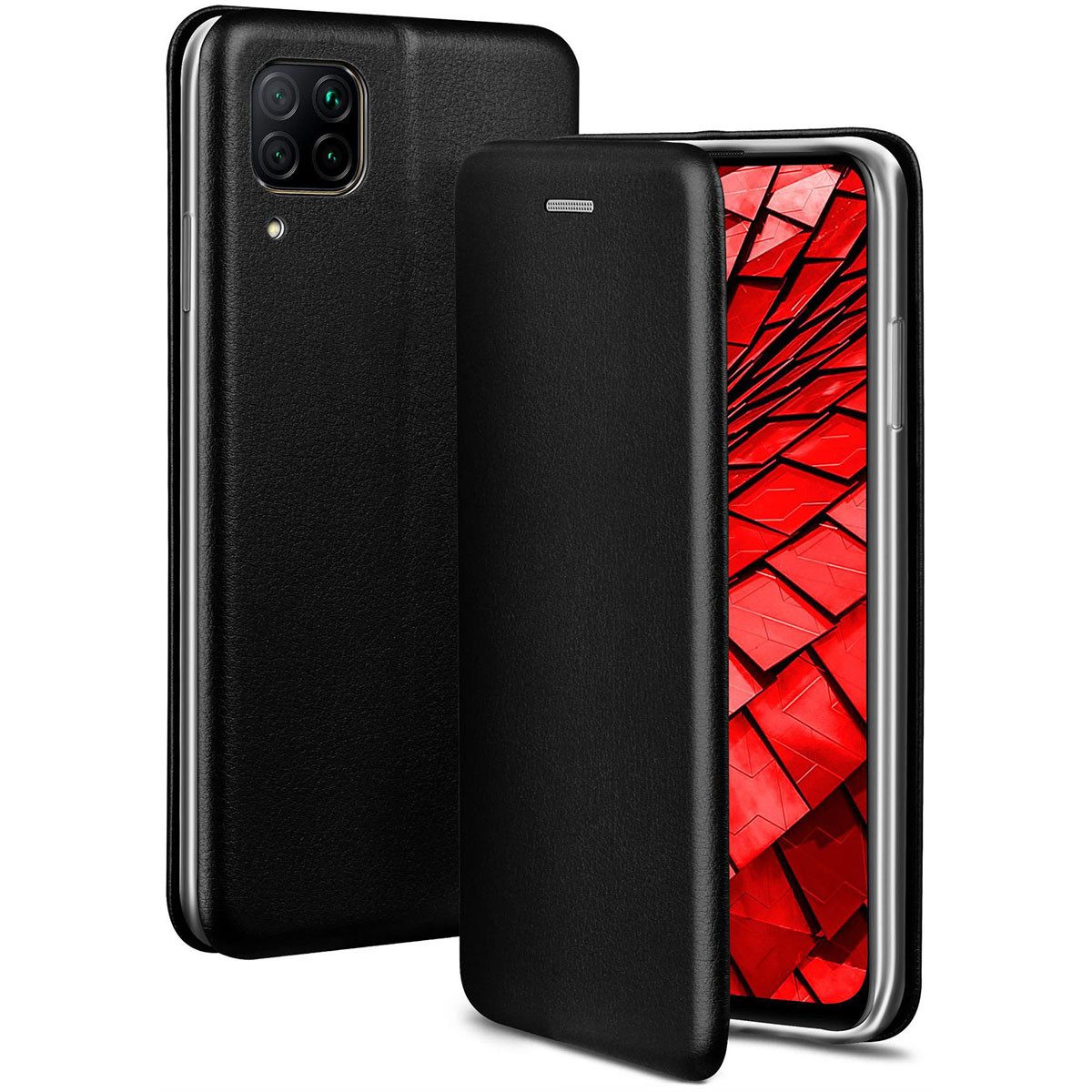 ONEFLOW Handyhülle für Huawei P40 Lite Premium Hülle Business Cover Schwarz 6,4 Zoll, 360 Grad Schutzhülle Flip Case Etui Klapphülle Dünn Leder Handy Tasche