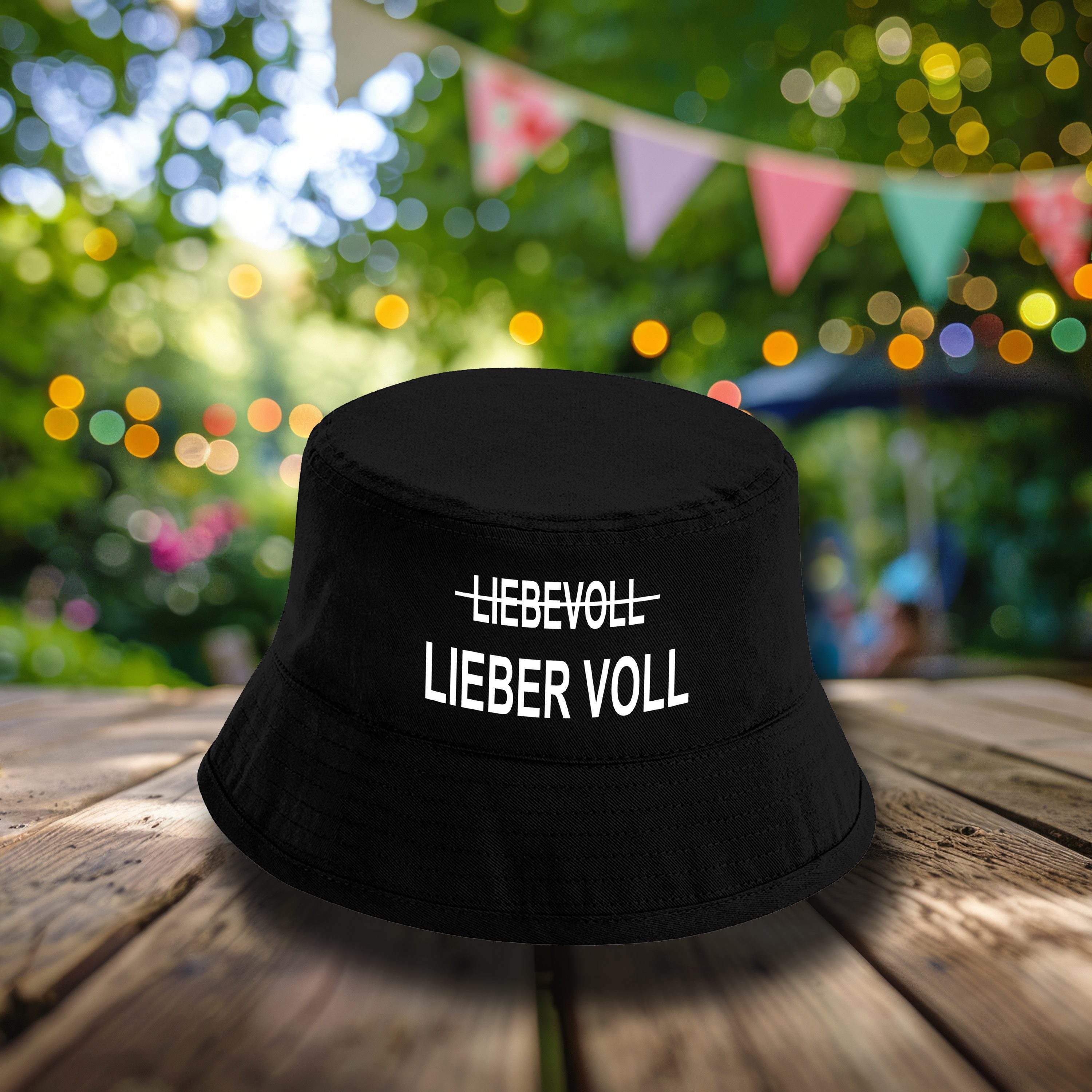 Herzbotschaft Sonnenhut Bucket Hat mit Spruch – LIEBEVOLL Lieber VOLL – Fischerhut, Sonnenhut Druck: LIEBEVOLL durchgestrichen darunter LIEBER VOLL