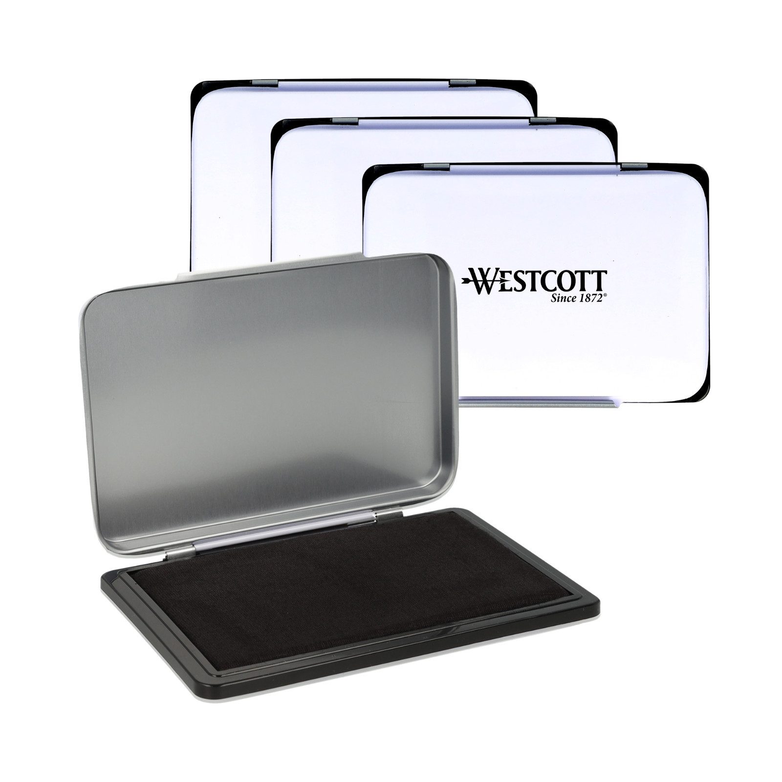 WESTCOTT No. 2 Schwarz (4er-Set), 7 x 11 cm Stempelkissen in Metallgehäuse Stempelkissen (Vorteilspack, 4-tlg., Vorgetränkt und nachfüllbar)