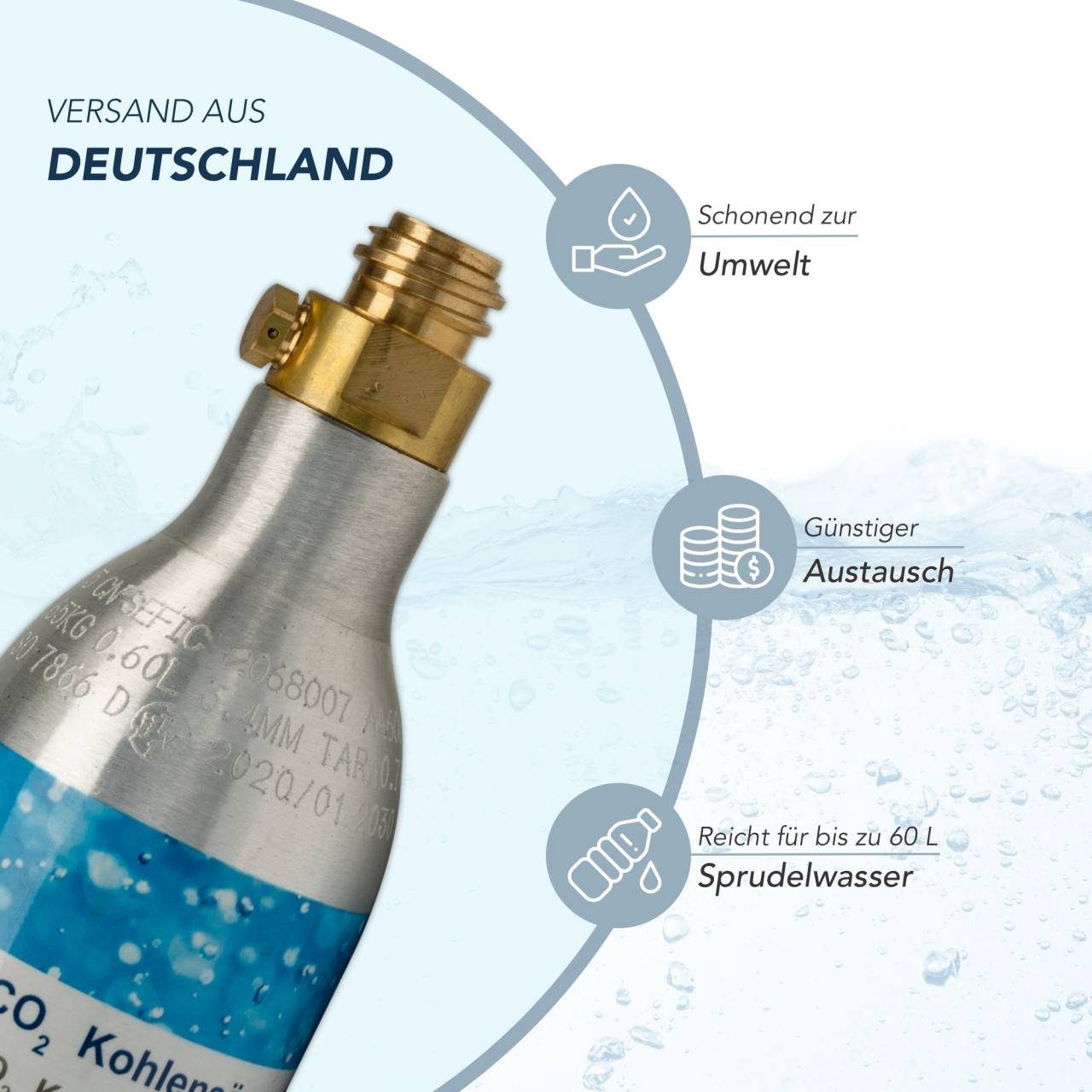 BlueCraft CO₂-Zylinder CO2-Kartusche Soda 425g für je bis zu 60 Liter Sprudel Wasser, 1 St., abgefüllt in Deutschland - geeignet für SodaStream Wassersprudler