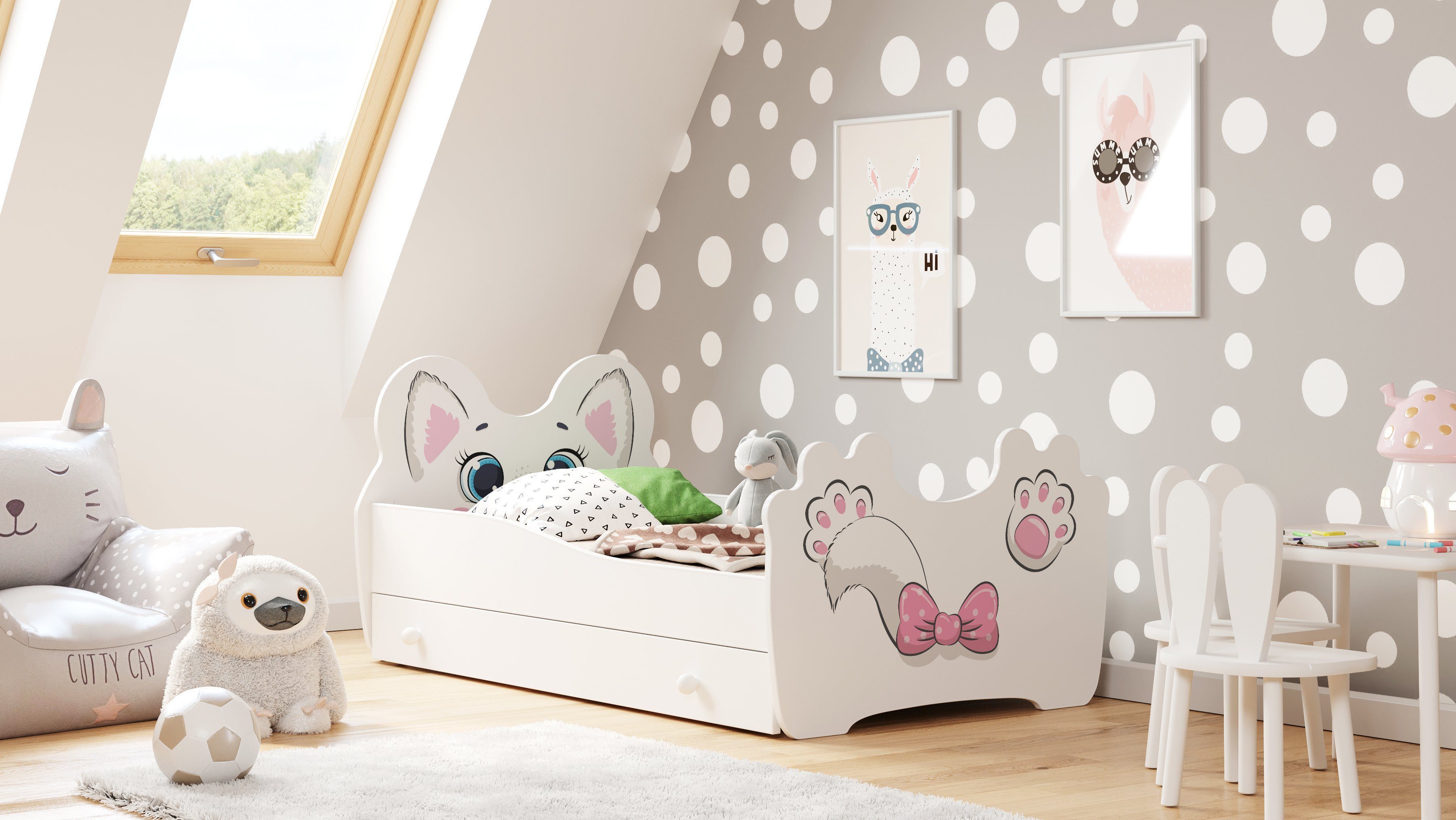 Kids Collective Kinderbett Jugendbett 70x140 80x160 mit Matratze, Schublade und Lattenrost, Katzenmotiv MDF Holz Made in Europe 70x140 cm – Bild 5 von 5