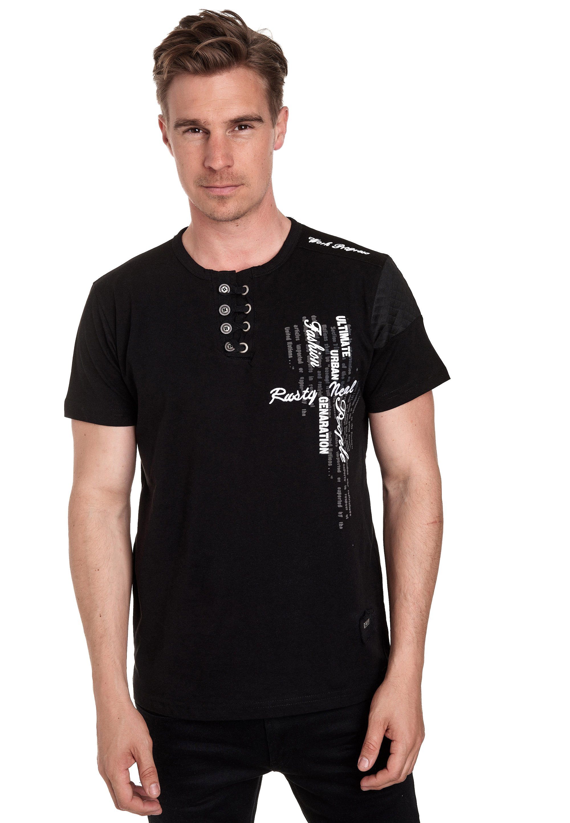 Rusty Neal T-Shirt mit schicker Knopfleiste schwarz