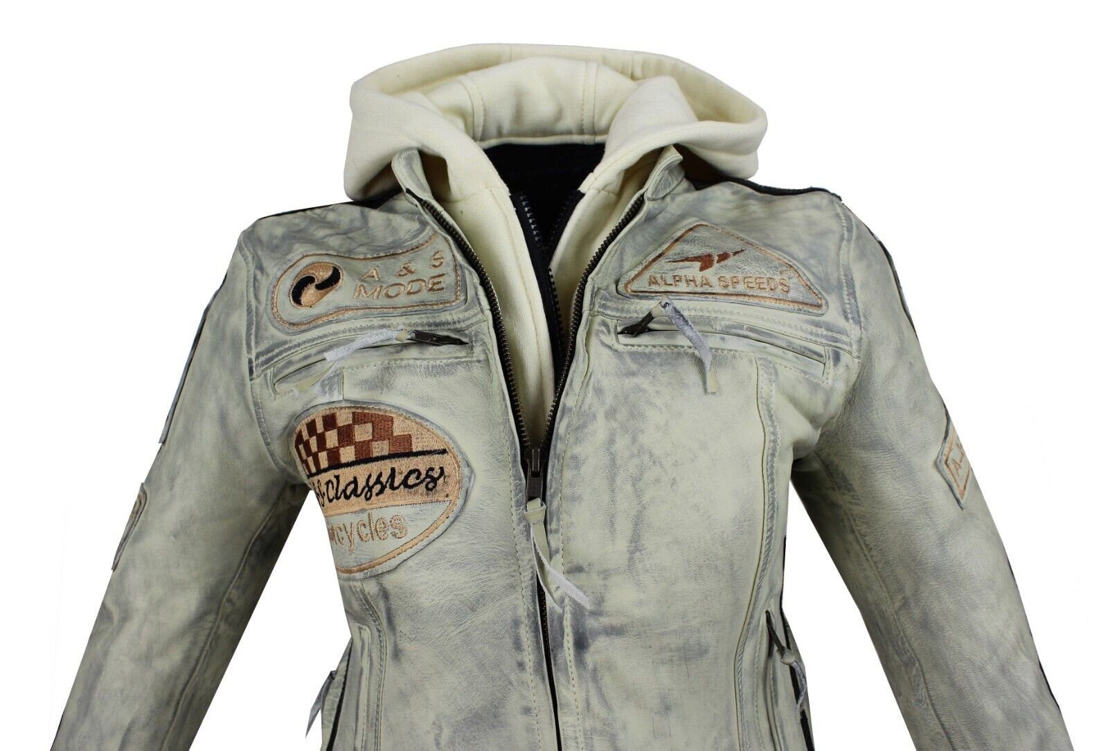 Alpha Speeds Bikerjacke Damen Leder Jacke Biker Freizeit Highway Jacke Weiß aus weichem Lammleder, mit Protektoren & Kapuze