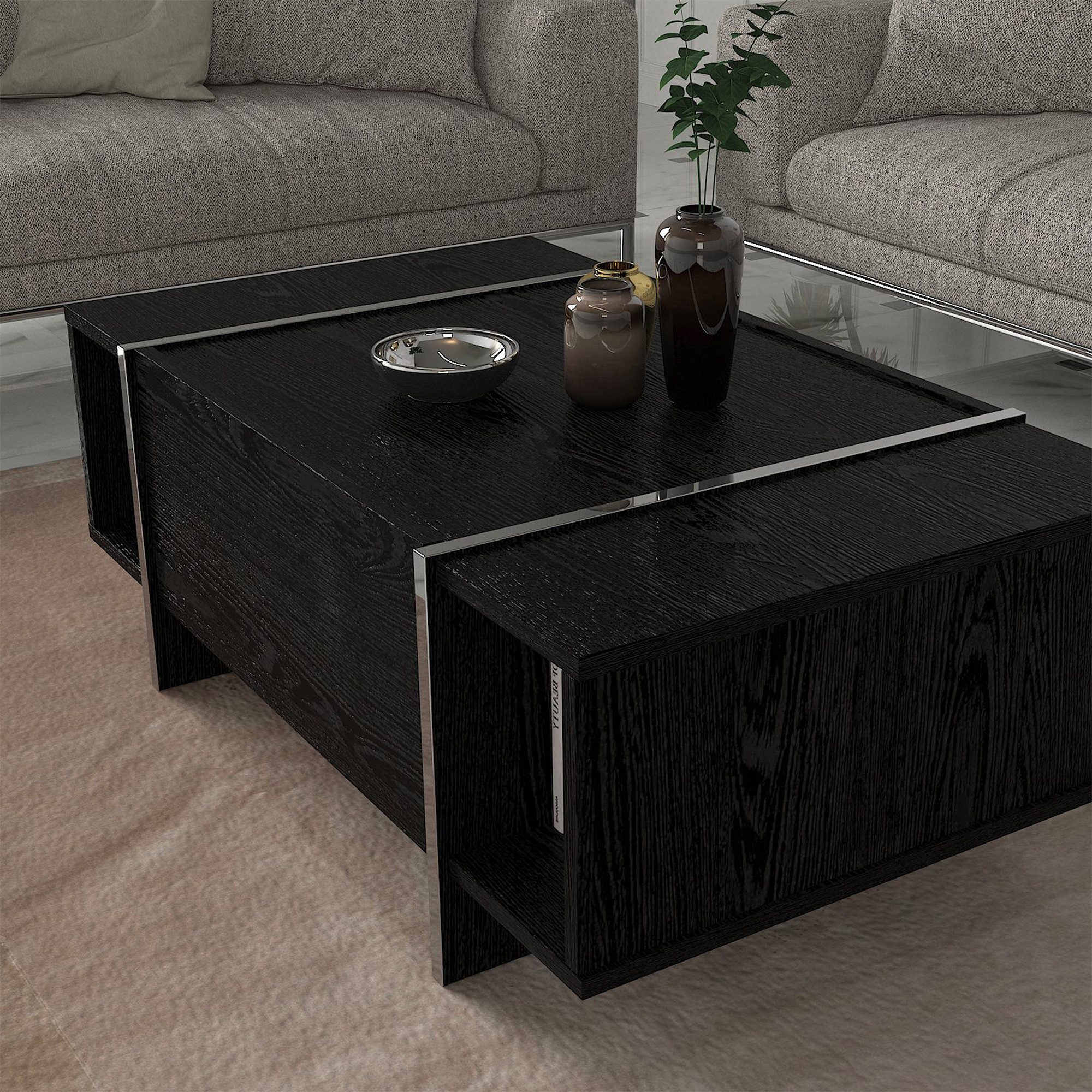 en.casa Couchtisch, »Tavak« 104 x 60 x 38 cm mit Stauraum Schwarz/Silber günstig online kaufen