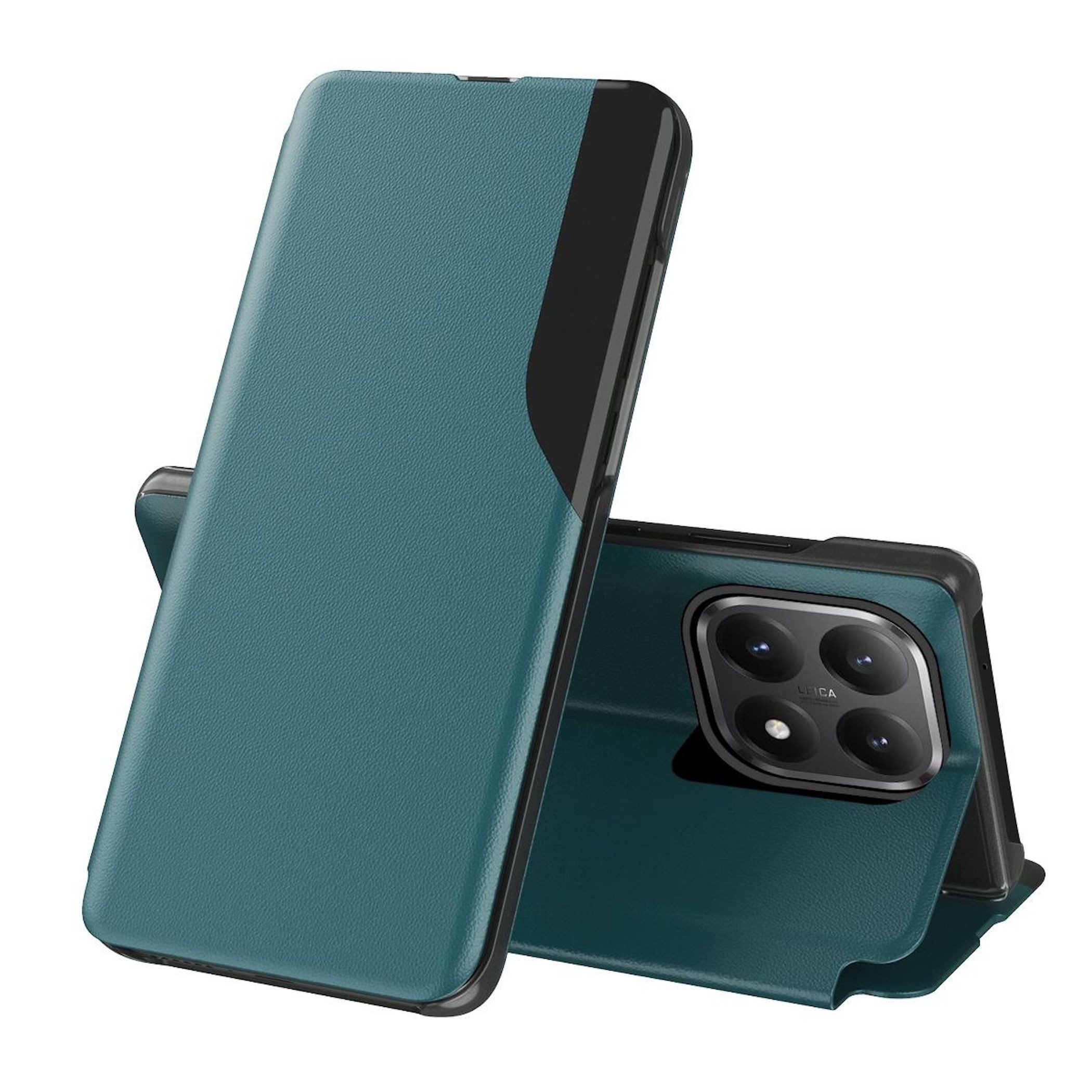 Wigento Handyhülle Für Xiaomi 15T Magnetische Flip Schutz Hülle Side Window Fenster Grün, Flip Case mit Sichtfenster und Standfunktion