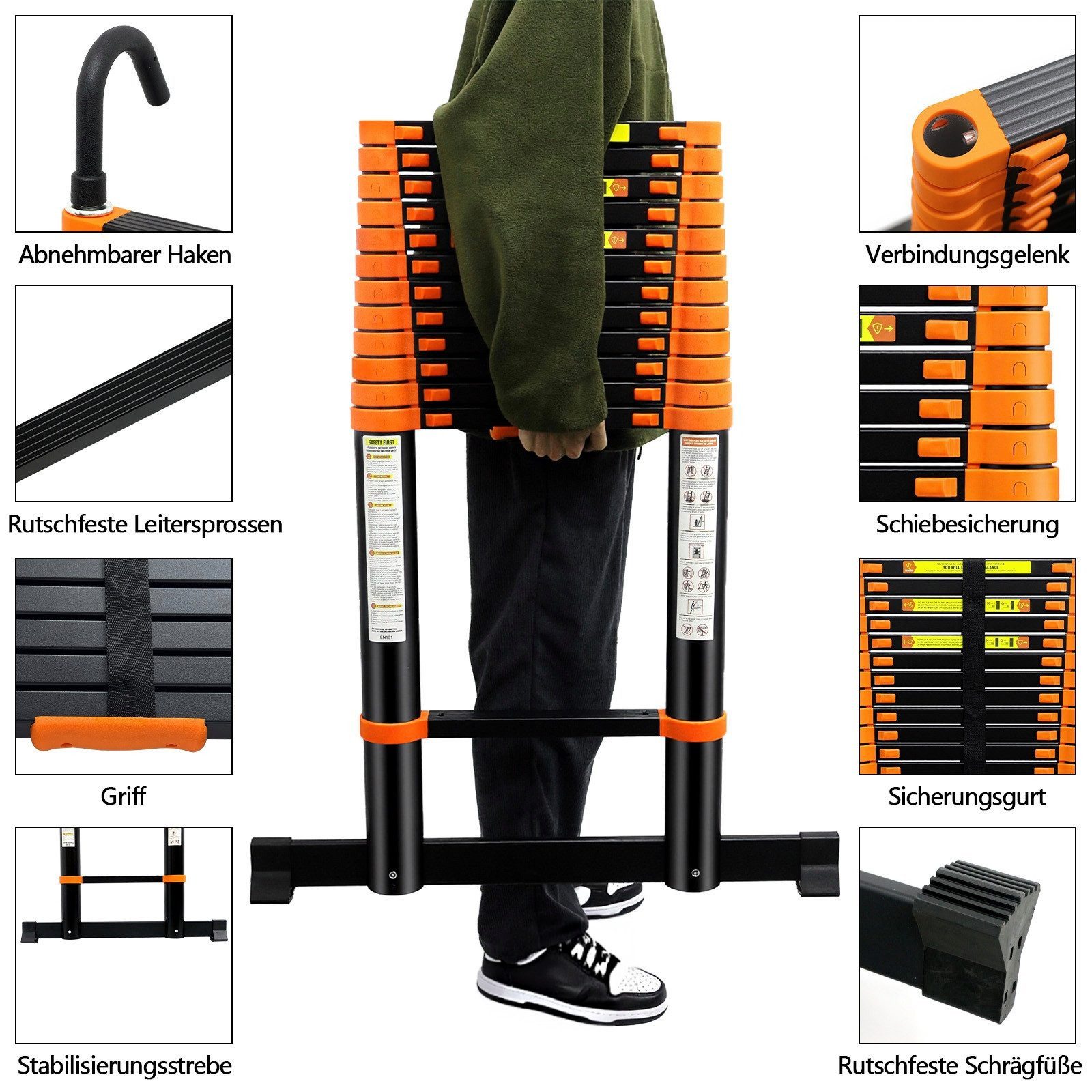 SunJas Teleskopleiter 4.7m/5M Ausziehleiter Anlegeleiter Multifunktionsleiter bis 150kg (mit abnehmbaren Haken, Außen‑Arbeitsleiter,höhenverstellbare Leiter,sch – Bild 4 von 5