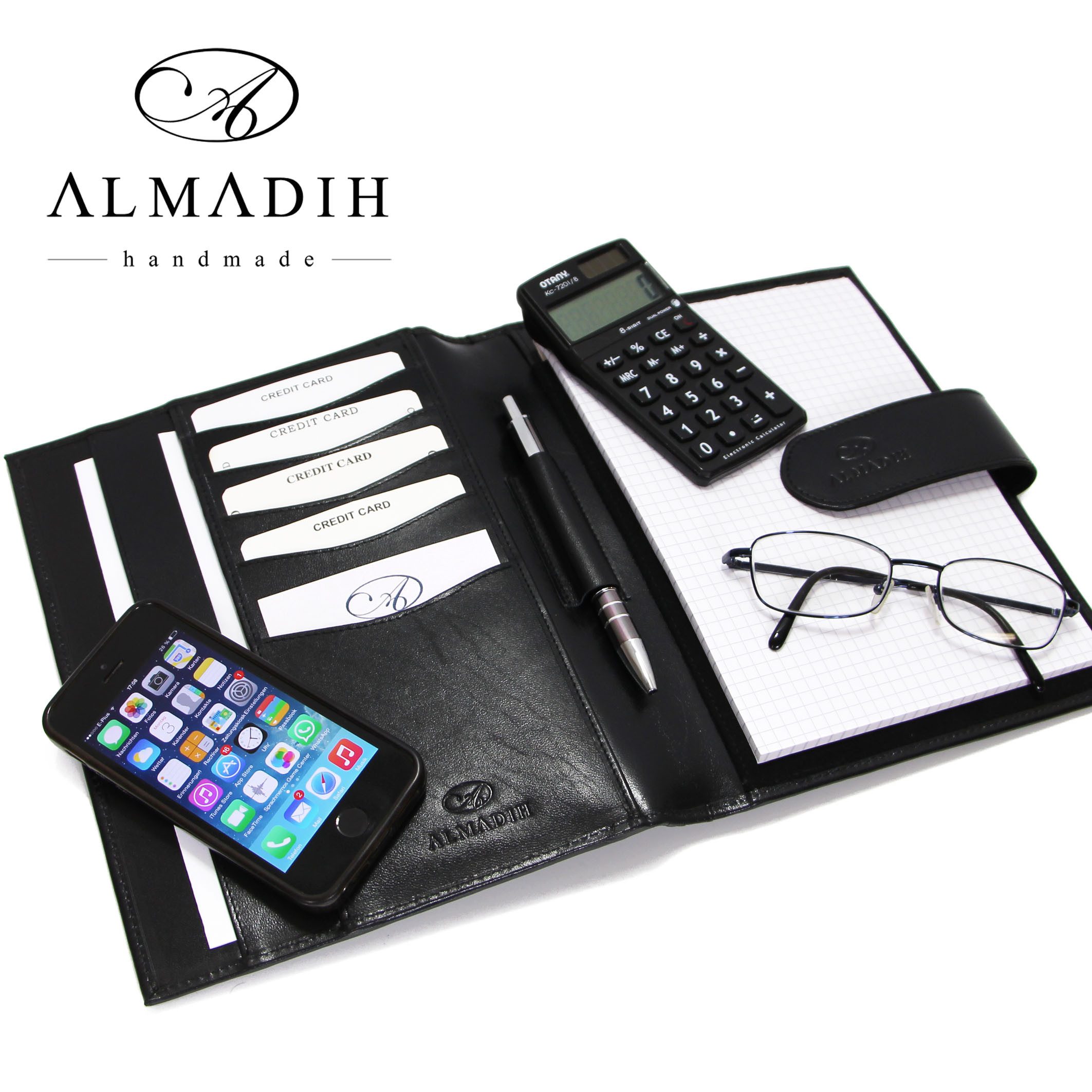 ALMADIH Konferenzmappe Ledermappe A5 Schreibmappe Leder Organizer Terminplaner braun, schwarz