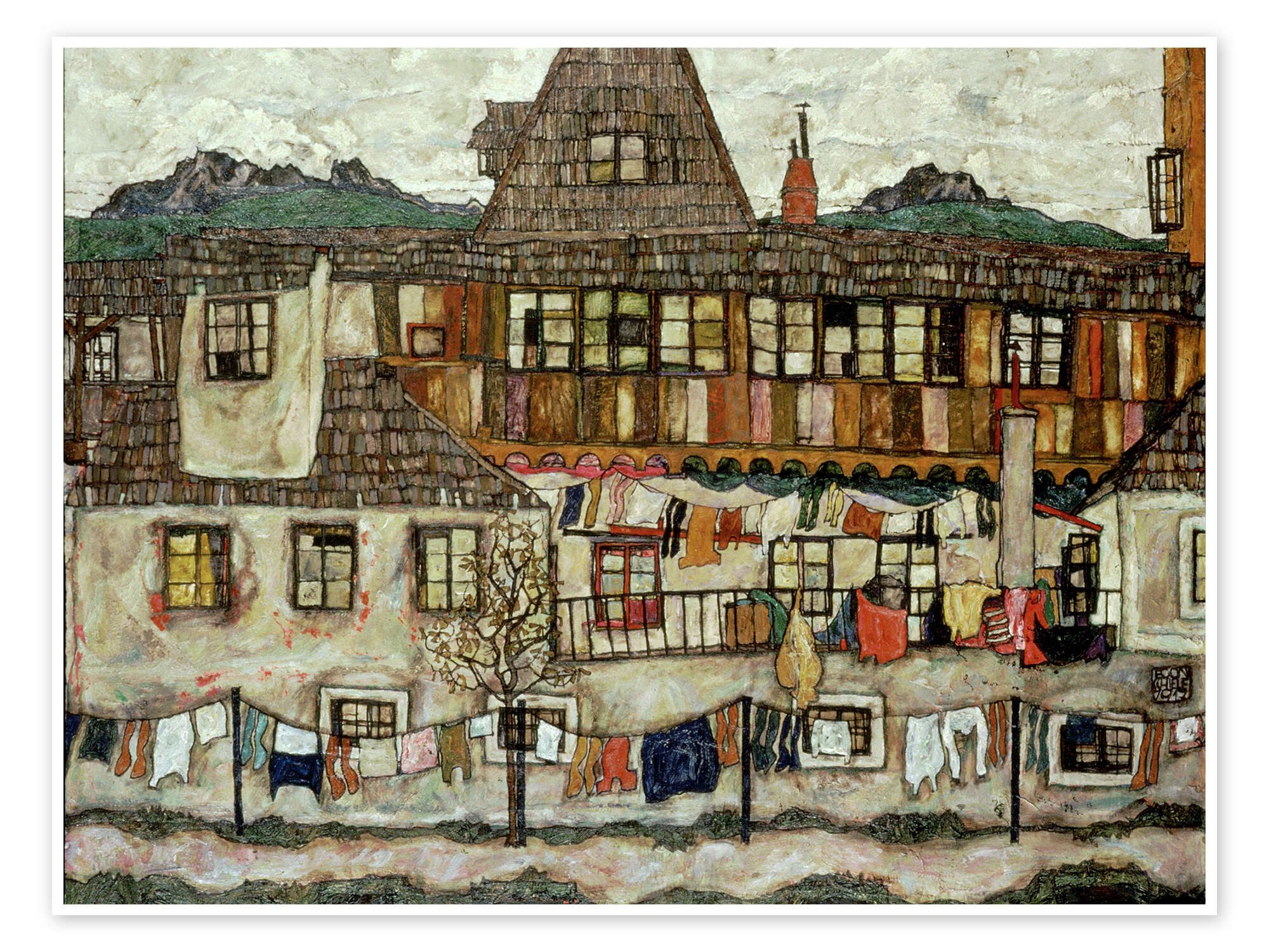 Posterlounge Wandbild Haus mit trocknender Wäsche, 1917, Egon Schiele, erhältlich als Poster, Leinwandbild, Wandsticker oder Acrylglasbild