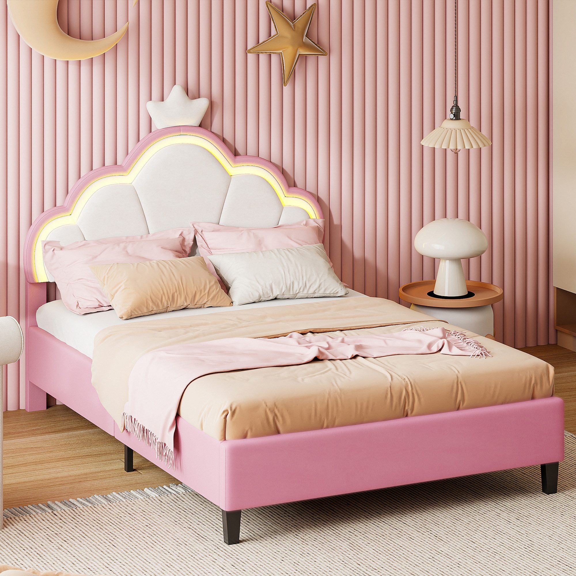 NMCXXO Polsterbett Pinkes Bett mit modernem Design und LED-Beleuchtung (Kopfteil hochstellbar), Perfekt für stilvolle Schlafzimmer – komfortabel und einzigartig
