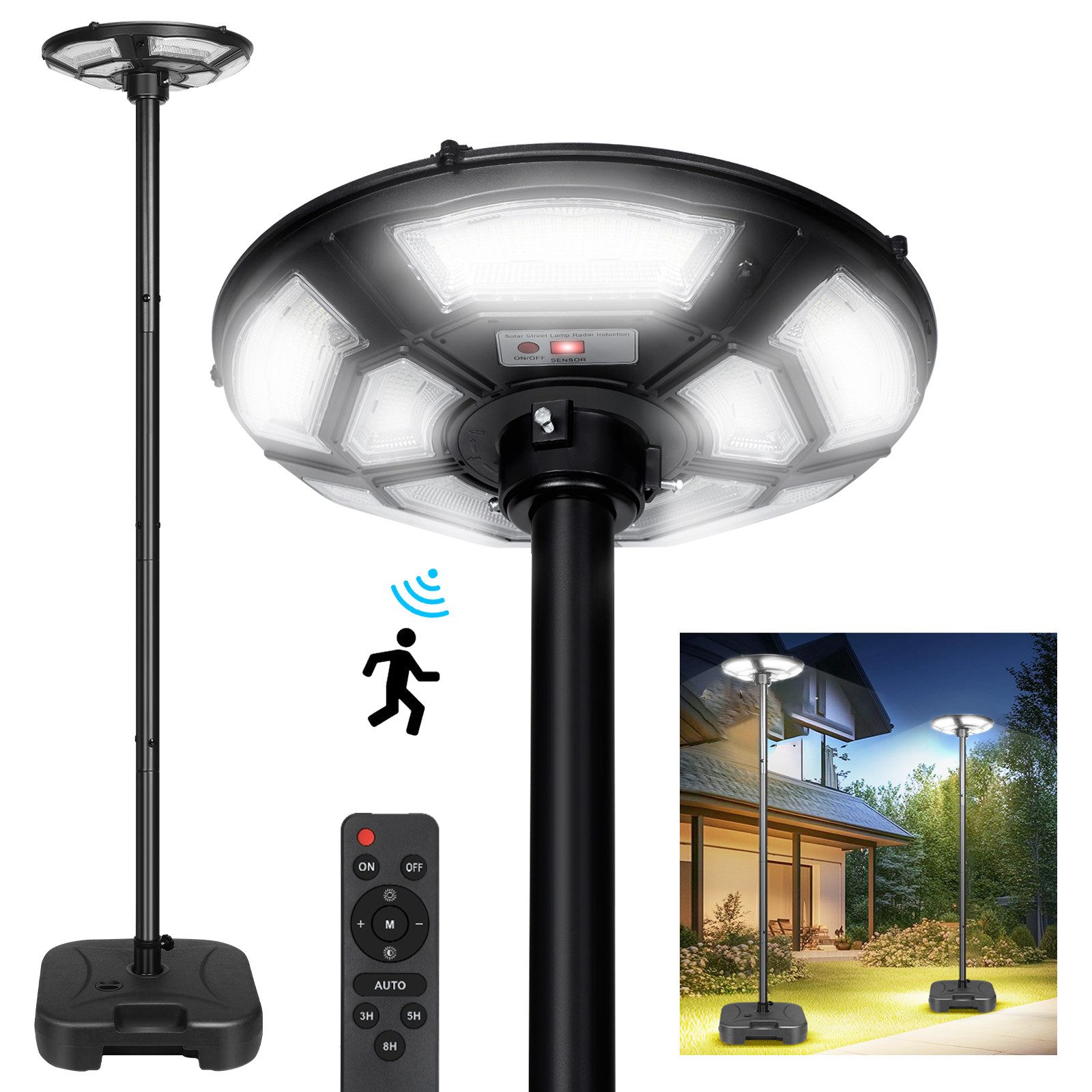 Sunicol LED Solarleuchte Solar Straßenlaterne für Außen, IP65 Wasserdichte, mit Bewegungsmelder, LED fest integriert, 6500K, 750 SMD2835 LED für Hof, Parkplatz, mit Wasserbefüllbarer Sockel