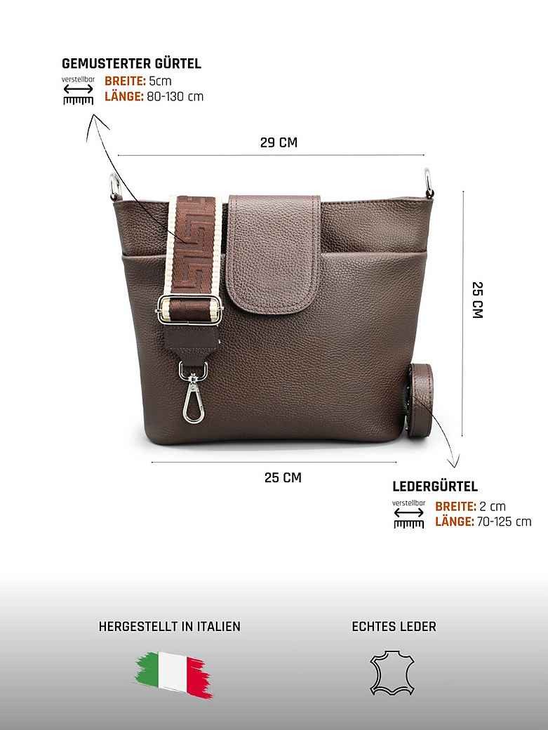 Adel Bags Schultertasche SARA Umhängetasche Damen Dunkelbraun aus Echtleder Crossbody (Test SEHR GUT, Note 1.1), 20 Farboptionen, Hergestellt in Italien, mit 2 Riemen