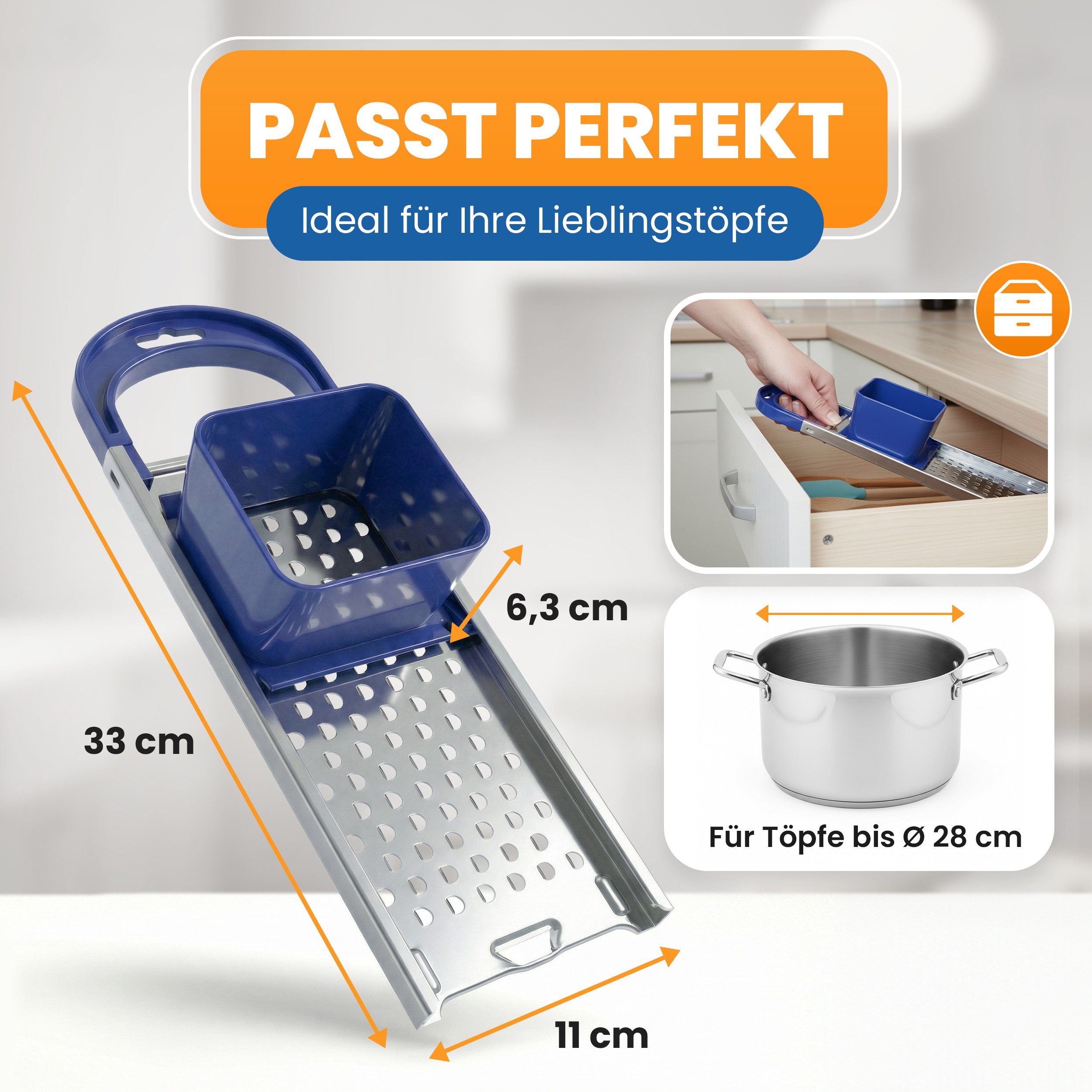 EUROHOME Spätzlehobel Edelstahl Spätzlereibe mit Nasen mit Kunststoffgriff, Edelstahl, (1-St., Spätzlehobel 33 x 11 x 6,3 cm), Spätzlepresse runde Löcher - Reibe mit Trichter